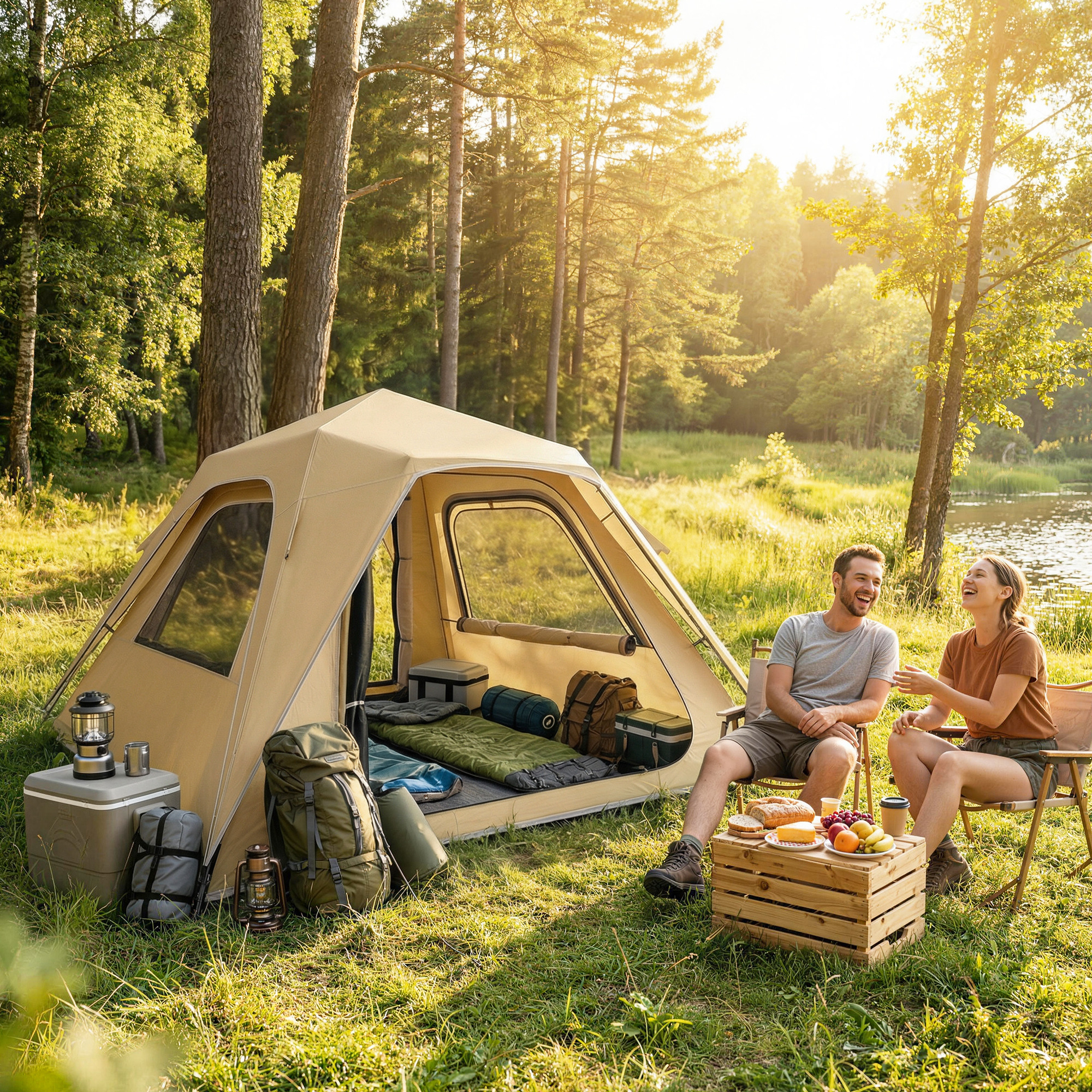 Instant-Pop-Up-Zelt mit Regenschutz, wasserdicht Kuppelzelt für 2-3 Personen mit 2 Türen 2 Fenstern 240x240x160 cm Khaki