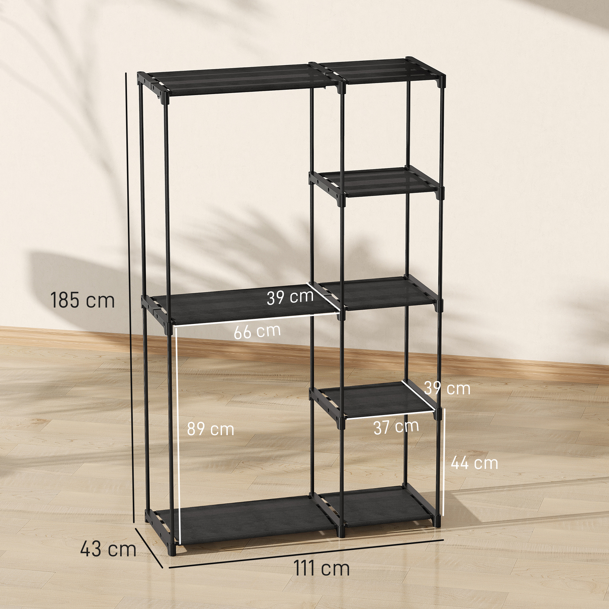 Stoffschrank Kleiderschrank mit Kleiderstange, Ablagen, für Schlafzimmer, Ankleidezimmer, 111 x 43 x 185 cm, Schwarz