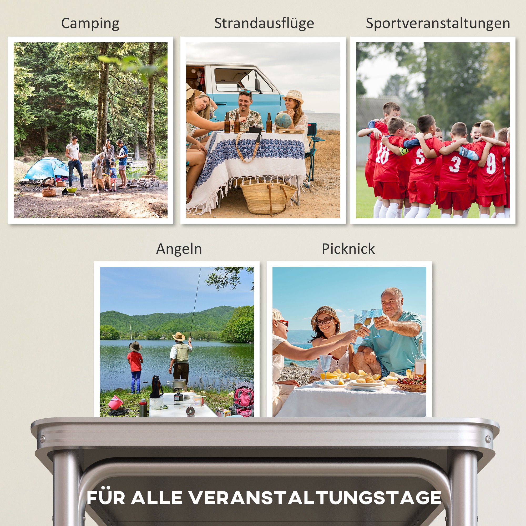 Campingtisch, klappbar, leicht, höhenverstellbar, Aluminiumrahmen, 240 x 60 x 54/62/70 cm, Schwarz