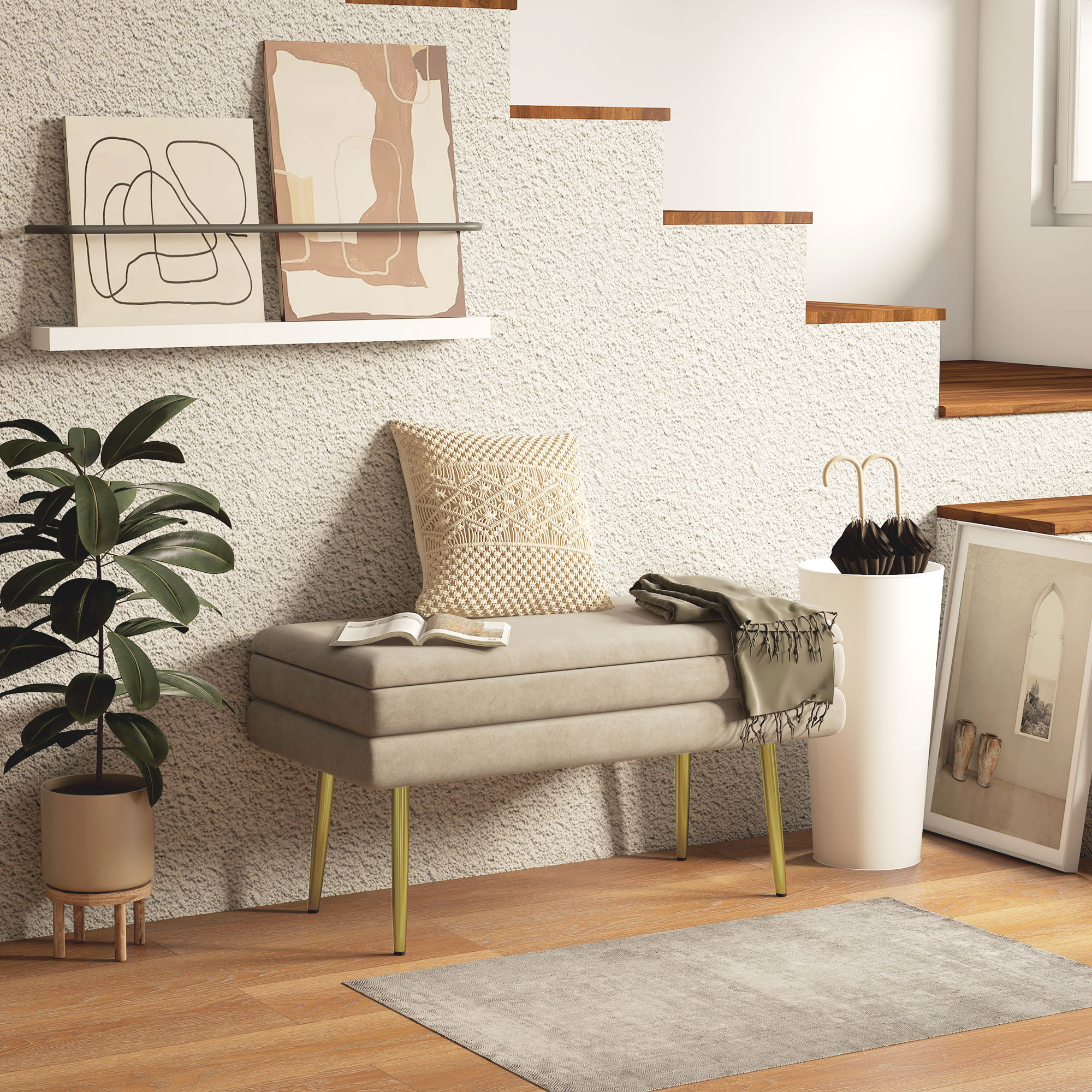 Sitzbank Polsterbank, mit Stauraum, Stahl, 79,5 cm x 37,5 cm x 43 cm, Beige