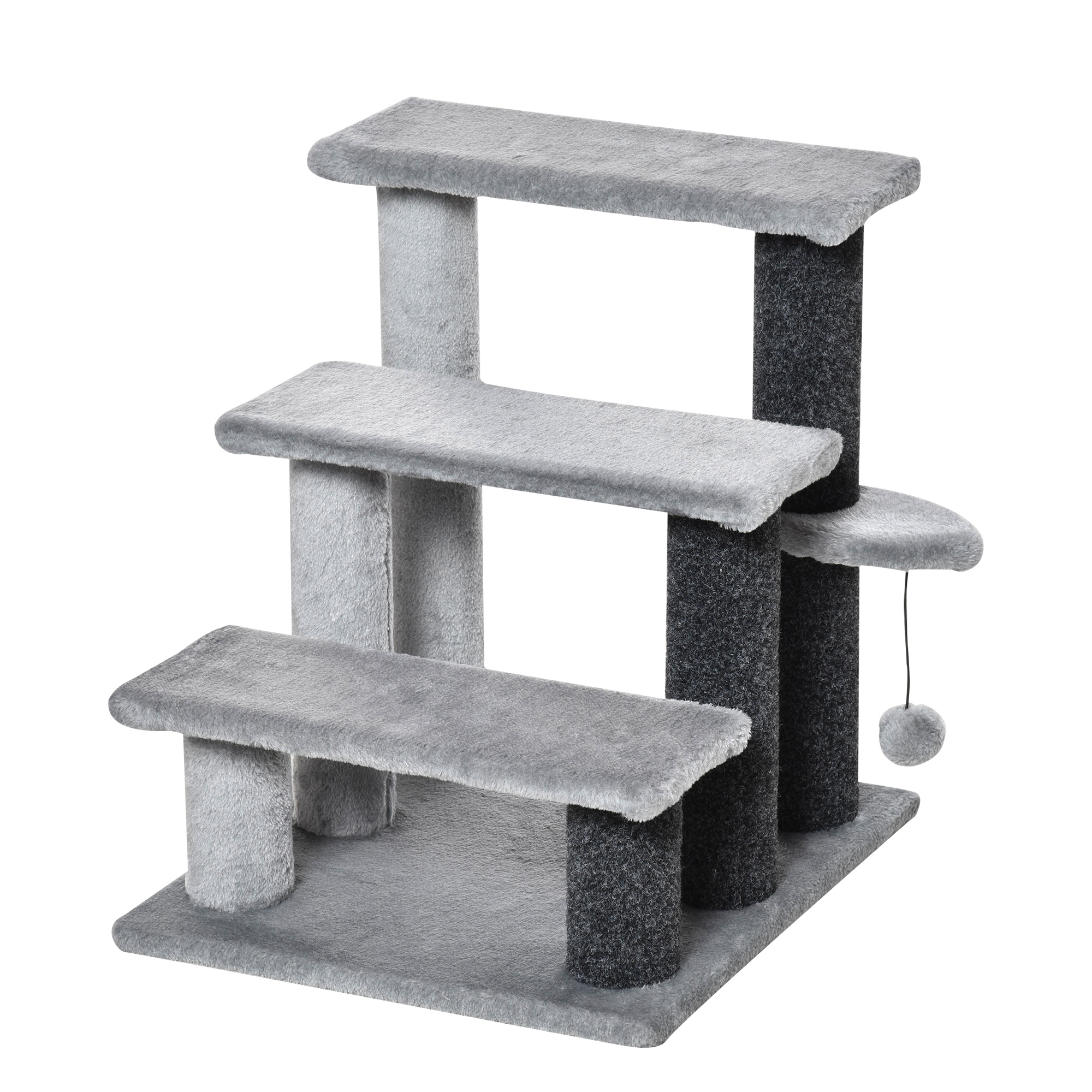 Katzentreppe 3-stufige Haustiertreppe mit Kratzsäulen Ball Hundetreppe Tiertreppe für Katzen bis 5 kg Plüsch Jute Grau 45 x 40 x 48 cm