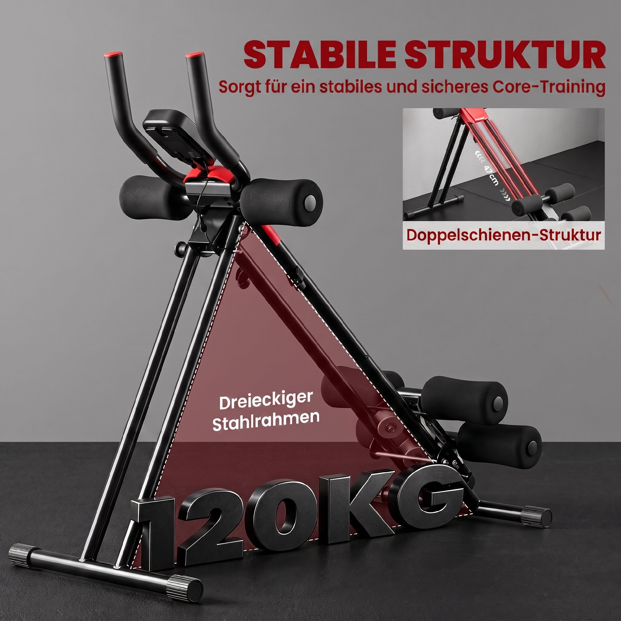 Bauchtrainer, Klappbarer Bauchmuskeltrainer mit LCD-Anzeige, Doppel-Schienen belastbar bis 120 kg, Stahl, Rot