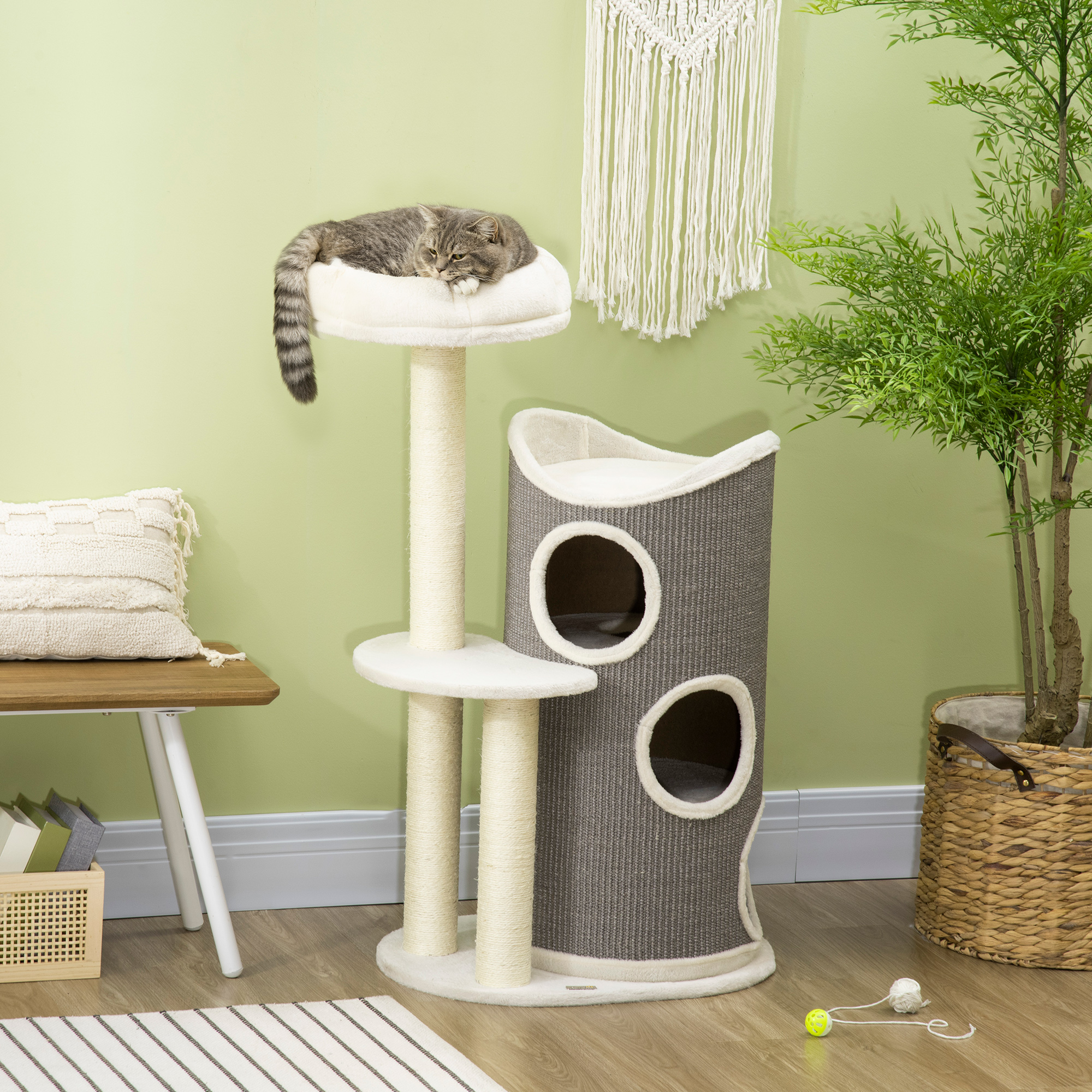 Kratzbaum mit Katzenbett u. Kratztonne für Katzen, 60 cm x 44,5 cm x 109 cm, Grau + Natur + Weiß