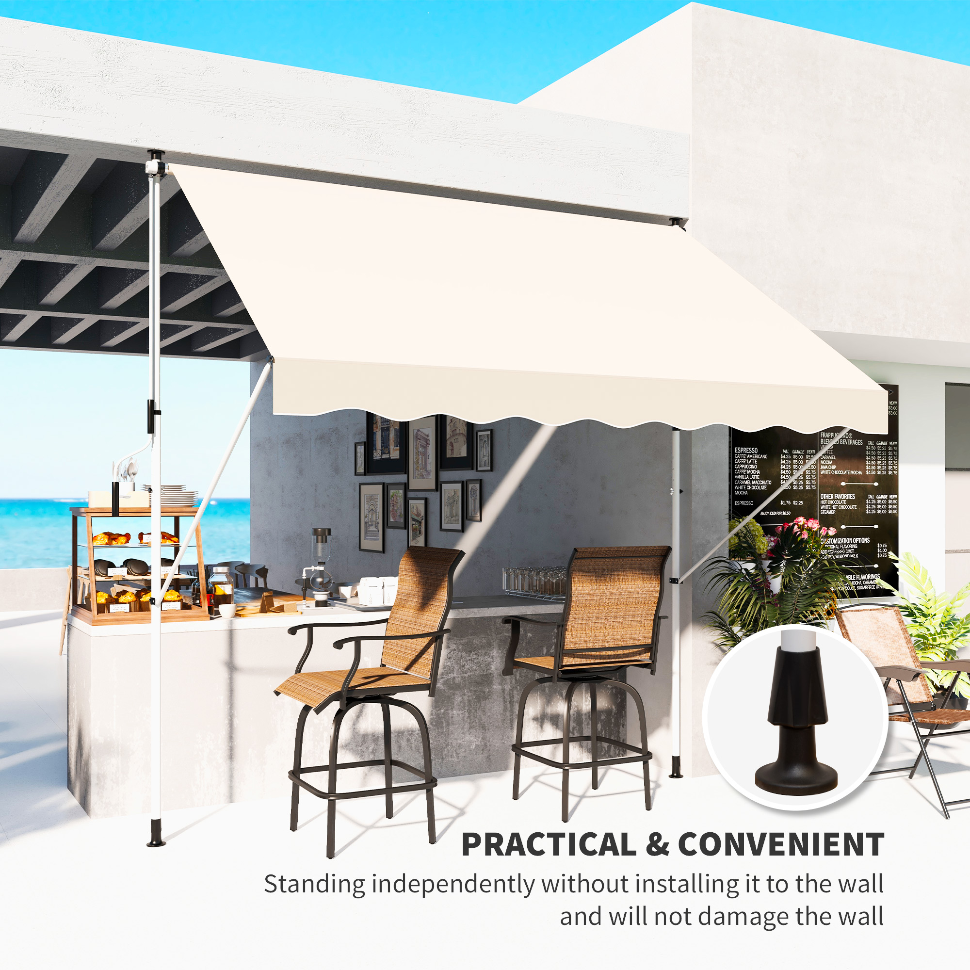 Klemmmarkise mit Handkurbel höhenverstellbar Gelenkarmmarkise schmutzabweisend, witterungsbeständig Balkonmarkise 150cm breit Terrassenmarkise für Terrasse Balkon Veranda Beige