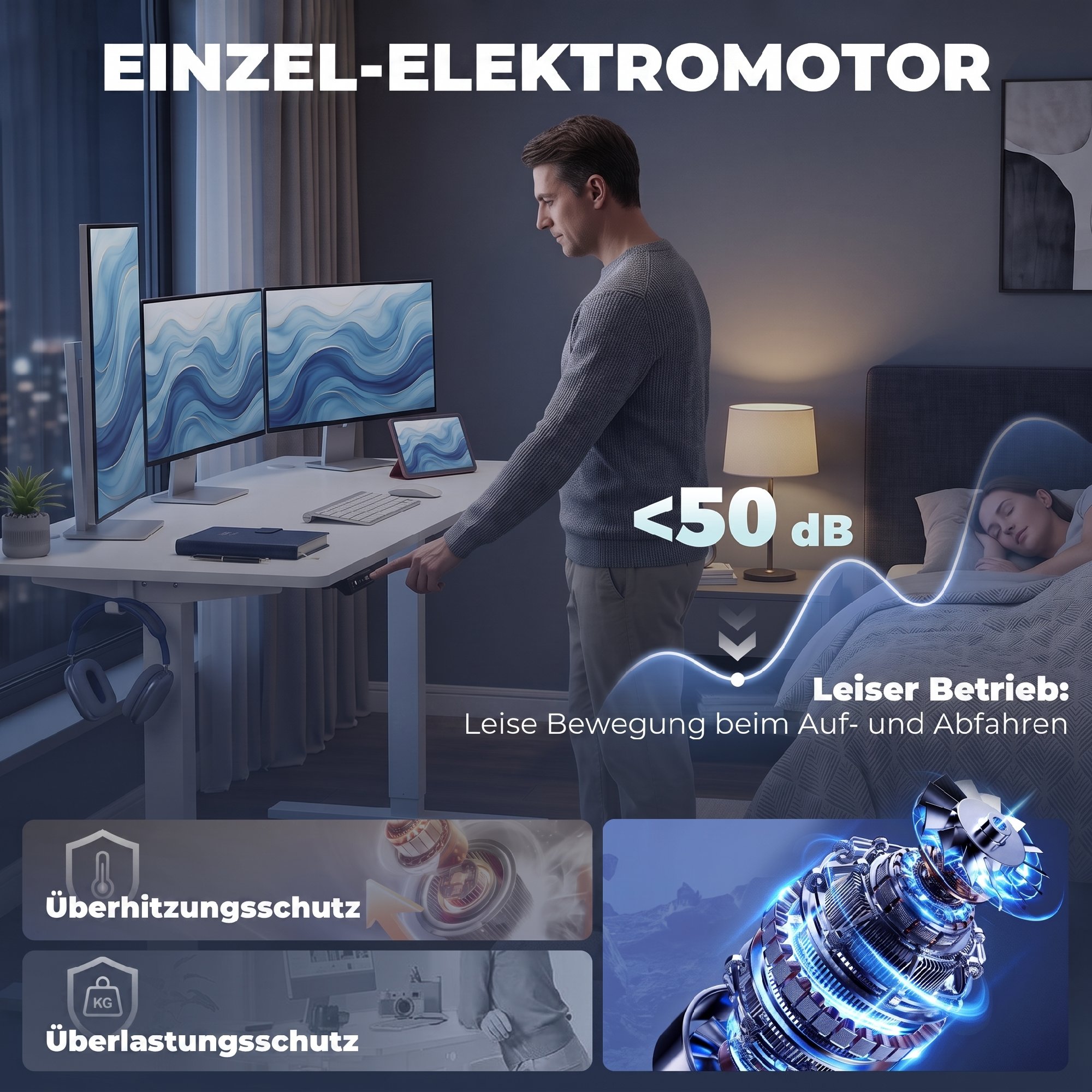 höhenverstellbarer Schreibtisch mit Memory-Funktion, 2 Kabeldurchlässen und LED-Display, Sitz-Steh-Schreibtisch, Weiß