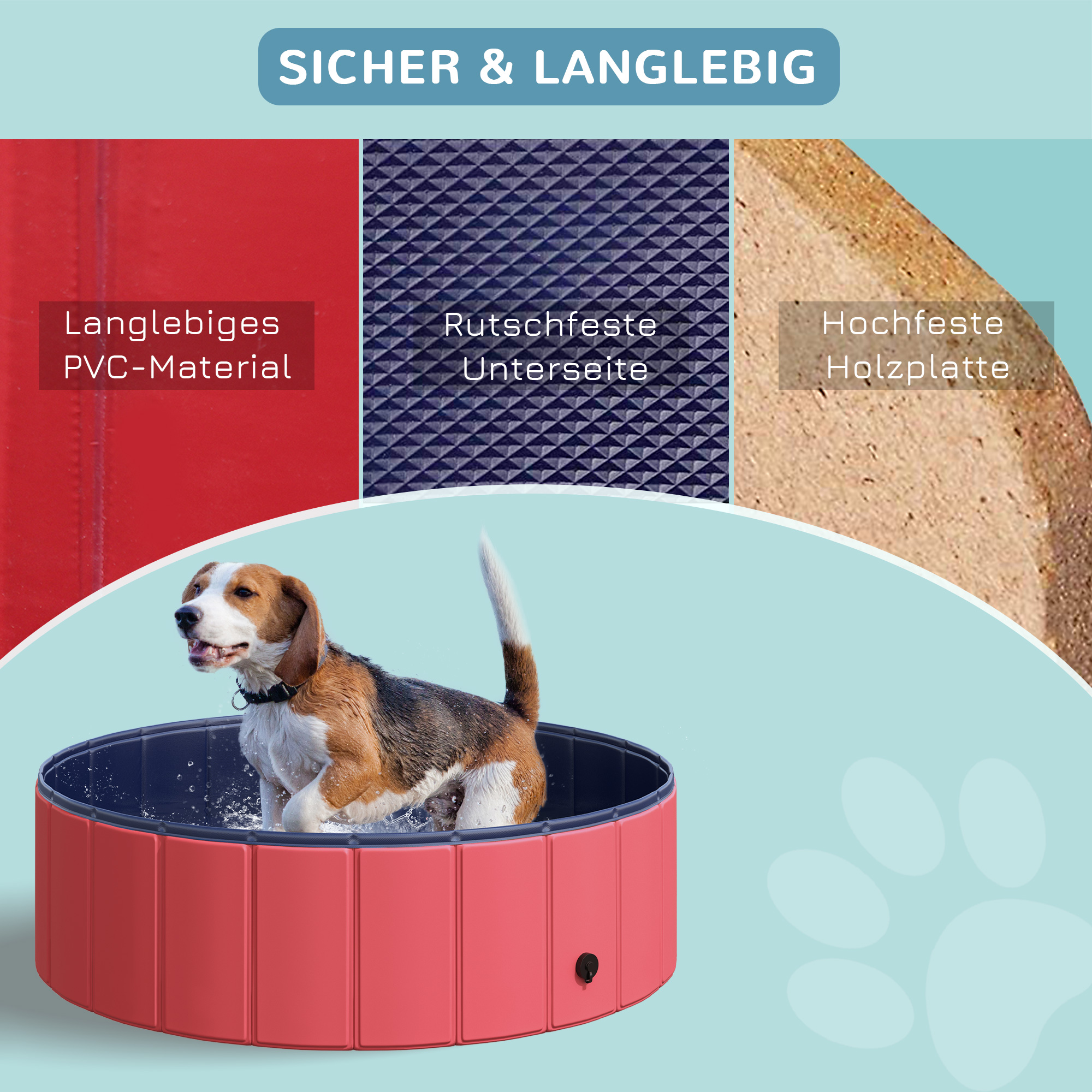Hundebadewanne faltbar Hundepool Schwimmbecken Swimmingpool Plantschbecken Badewanne für Hunde & Katzen Wasserbecken aus Kunststoff, Holz Ø100 x H30 cm Rot