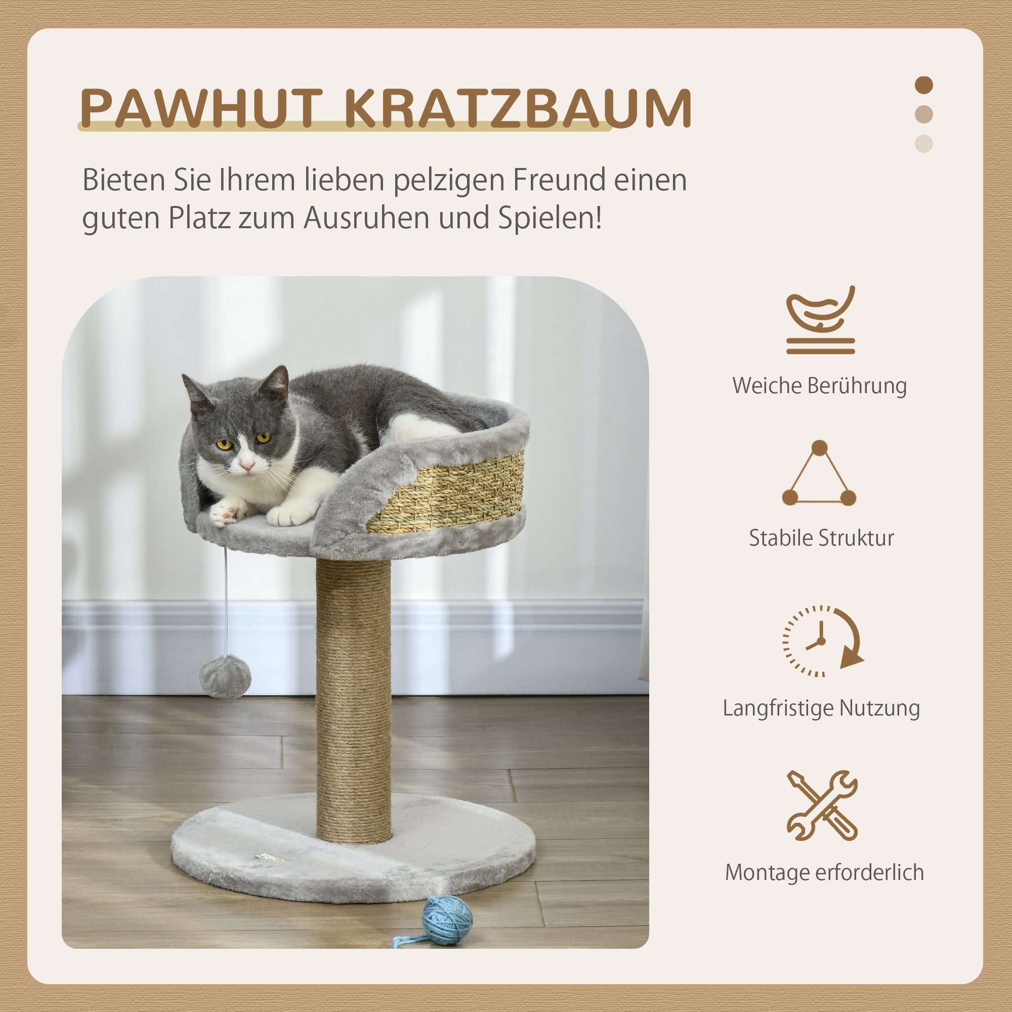 Kratzbaum Katzenbett Katzenkorb, inkl. Spielball, 40 cm x 40 cm x 49cm, Grau