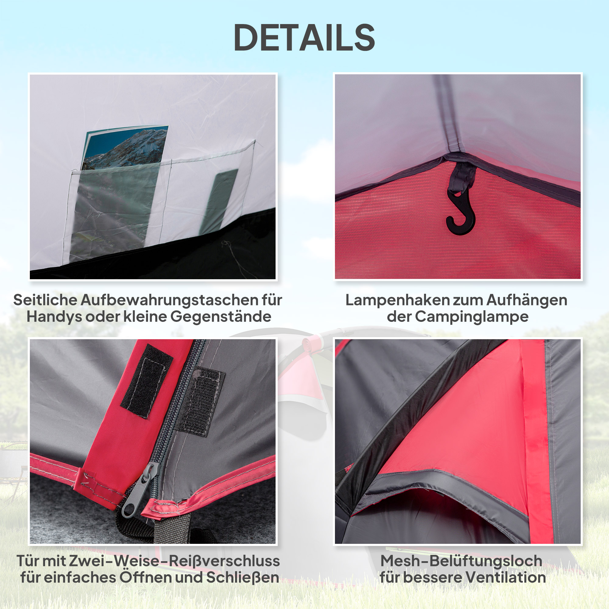 Campingzelt, Wurfzelt für 2-3 Personen, Vorraum & Schlafbereich, wasserdicht, 426 x 206 x 154 cm, Grau