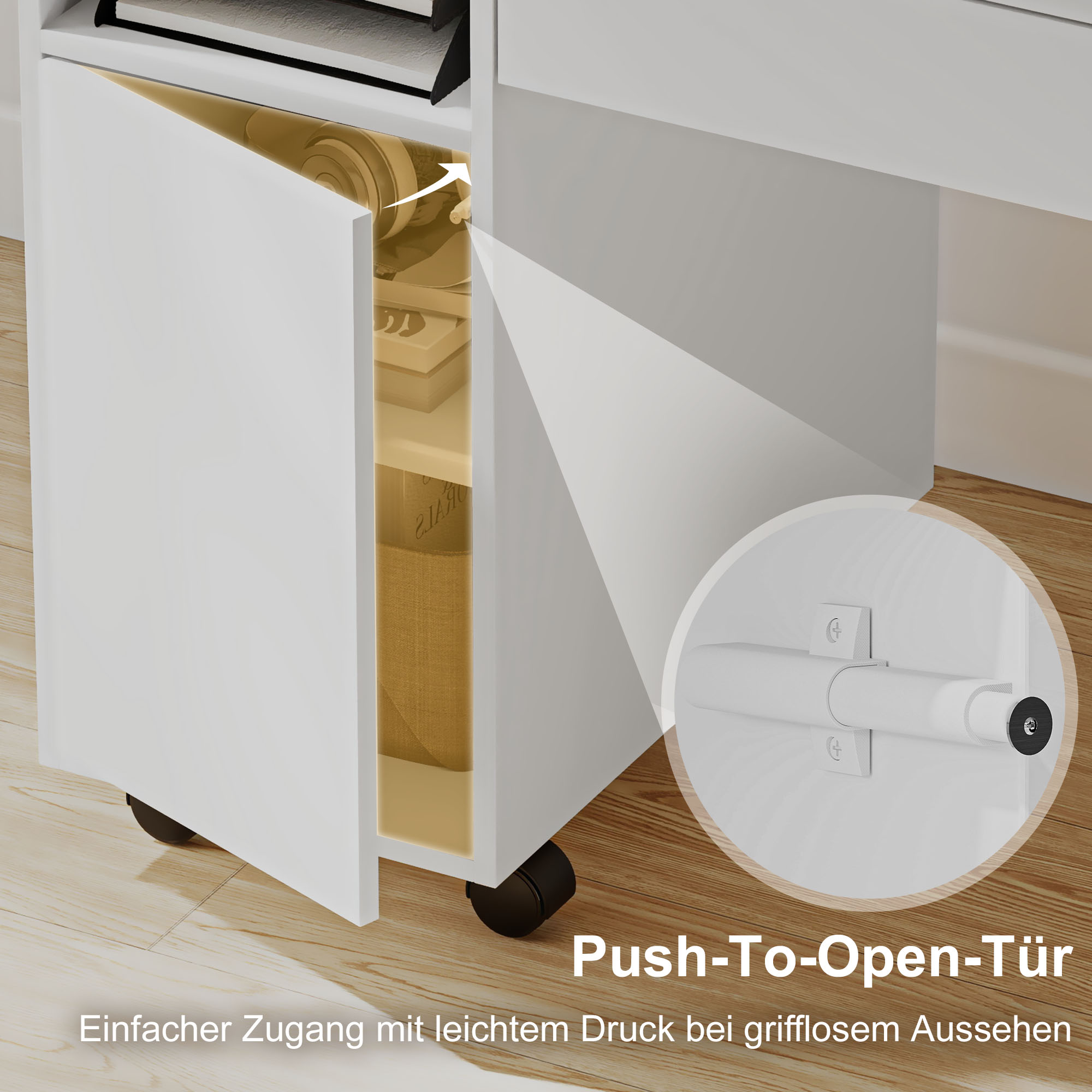 Rollbarer Computertisch, klappbarer Schreibtisch mit Schrank und Schublade, Spanplatte, Weiß