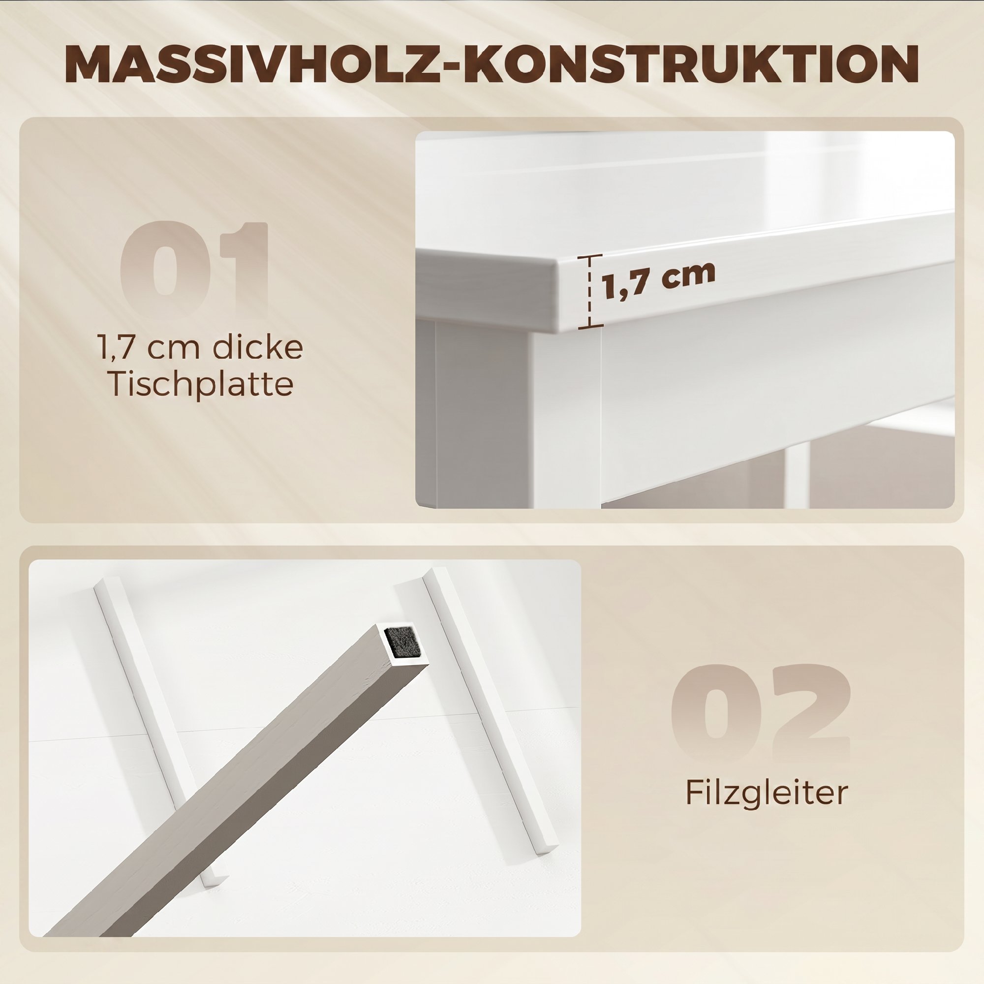5-teiliges Esszimmer-Set für 4 Personen, rechteckiger Esstisch und Stühle aus massivem Holz, für kleine Räume, Weiß
