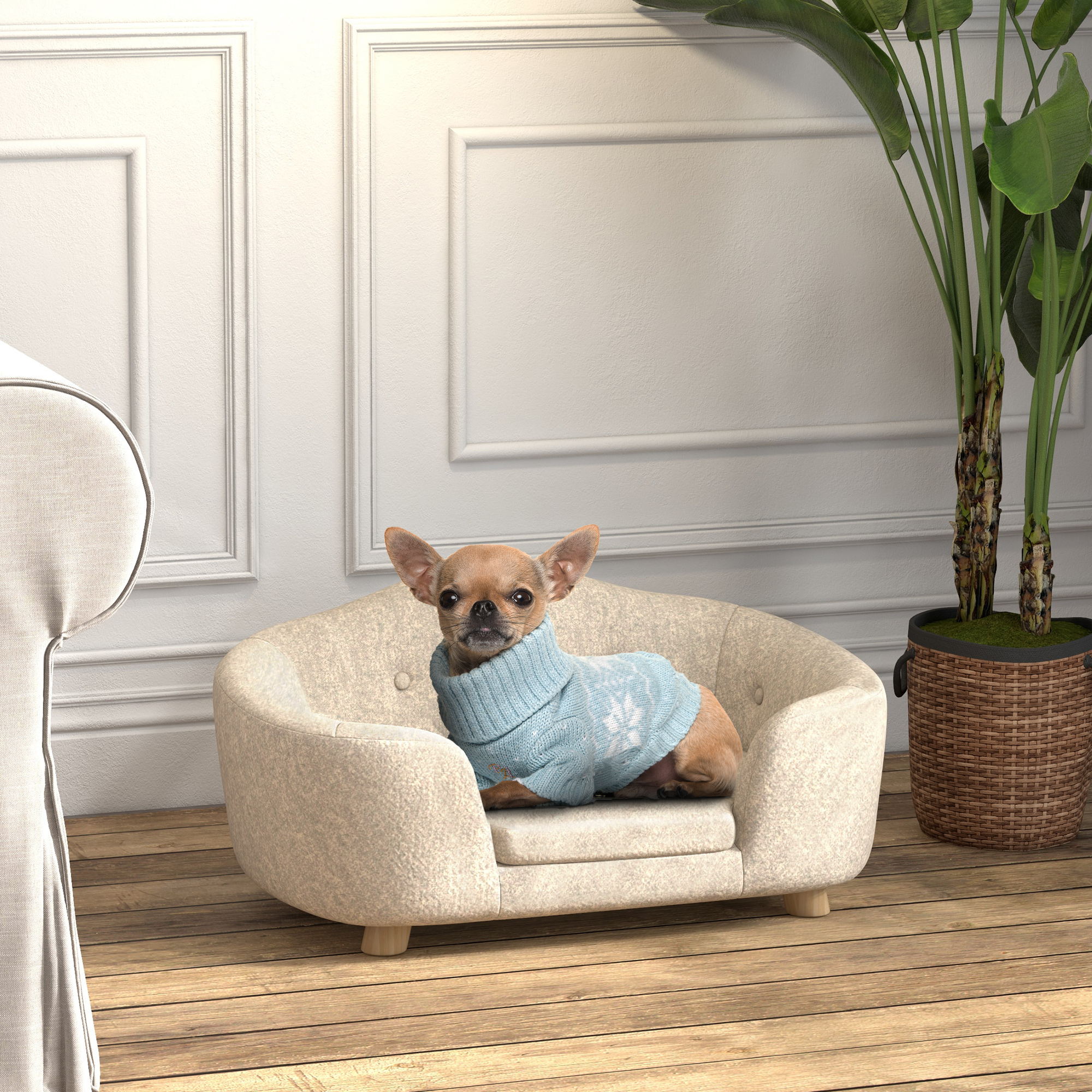 Haustiersofa Hundematte Hundebett Hundesofa Hundecouch Katzen Sofa mit Kissen Rückentasche Plüsch Schaumstoff Kiefernholz Cremeweiß 70 x 47 x 30 cm