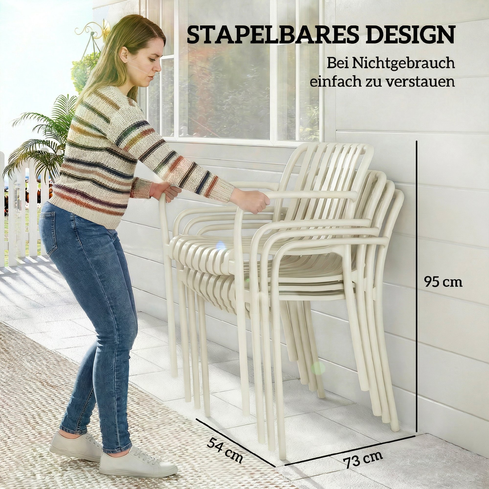 Gartenstühle 4er Set Stapelbare Terrassenstühle mit Lamelldesign Armlehnen, Ergonomisch Cremeweiß