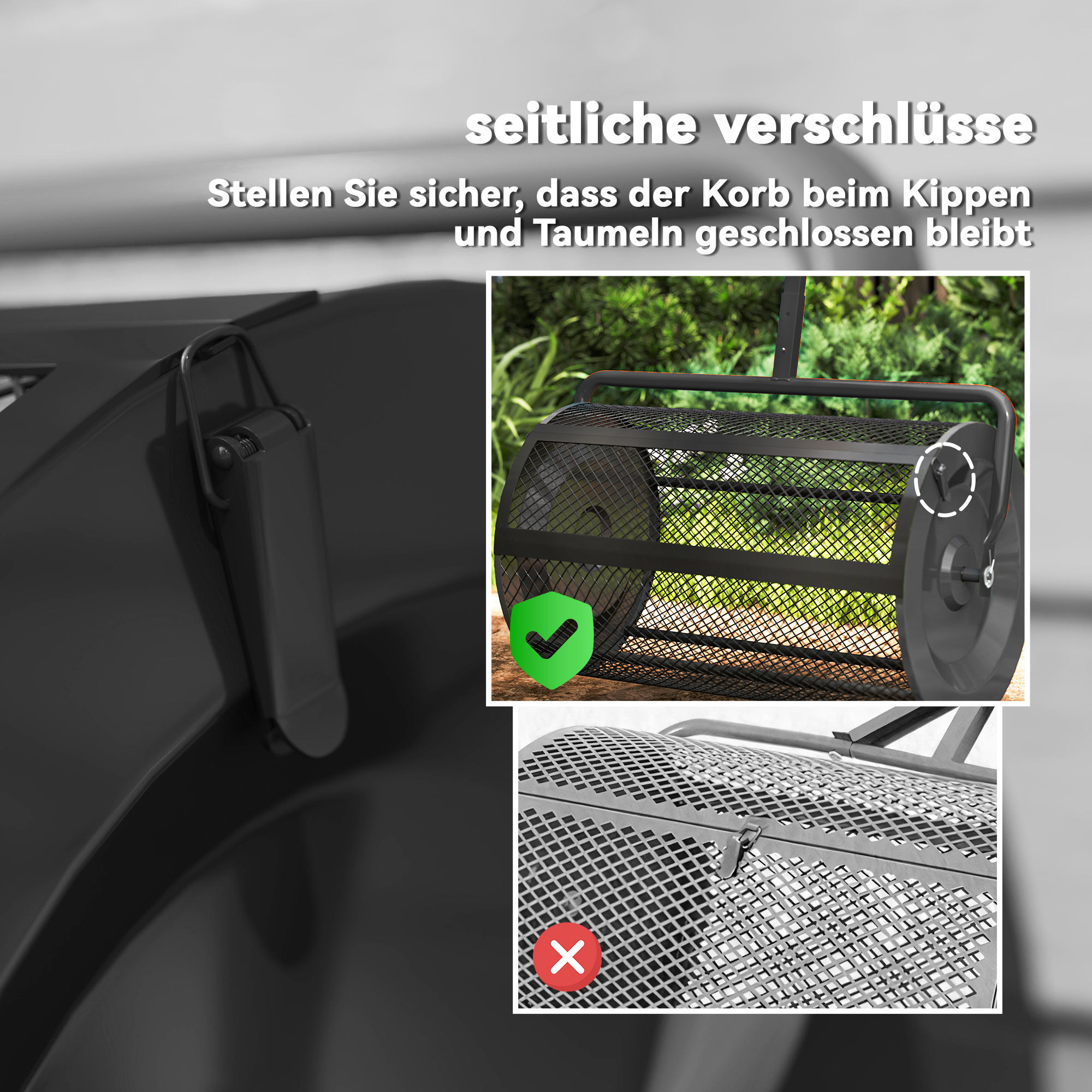 Kompoststreuer 75L 61x40cm Düngerstreuer Rasen Garten mit T-Griff Mesh-Korb Metall Schwarz
