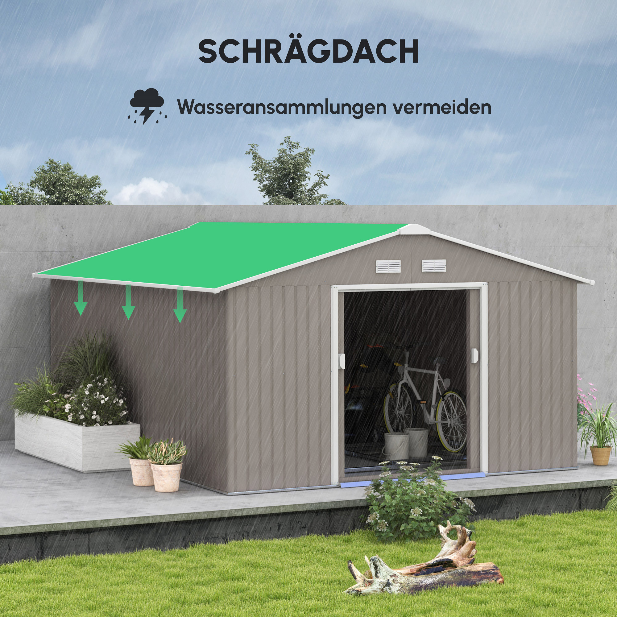 Geräteschuppen, Wetterfestes Gartenhaus für Gartengeräte, mit Belüftungsfenstern, Schiebetüren, Stahl, Hellgrau