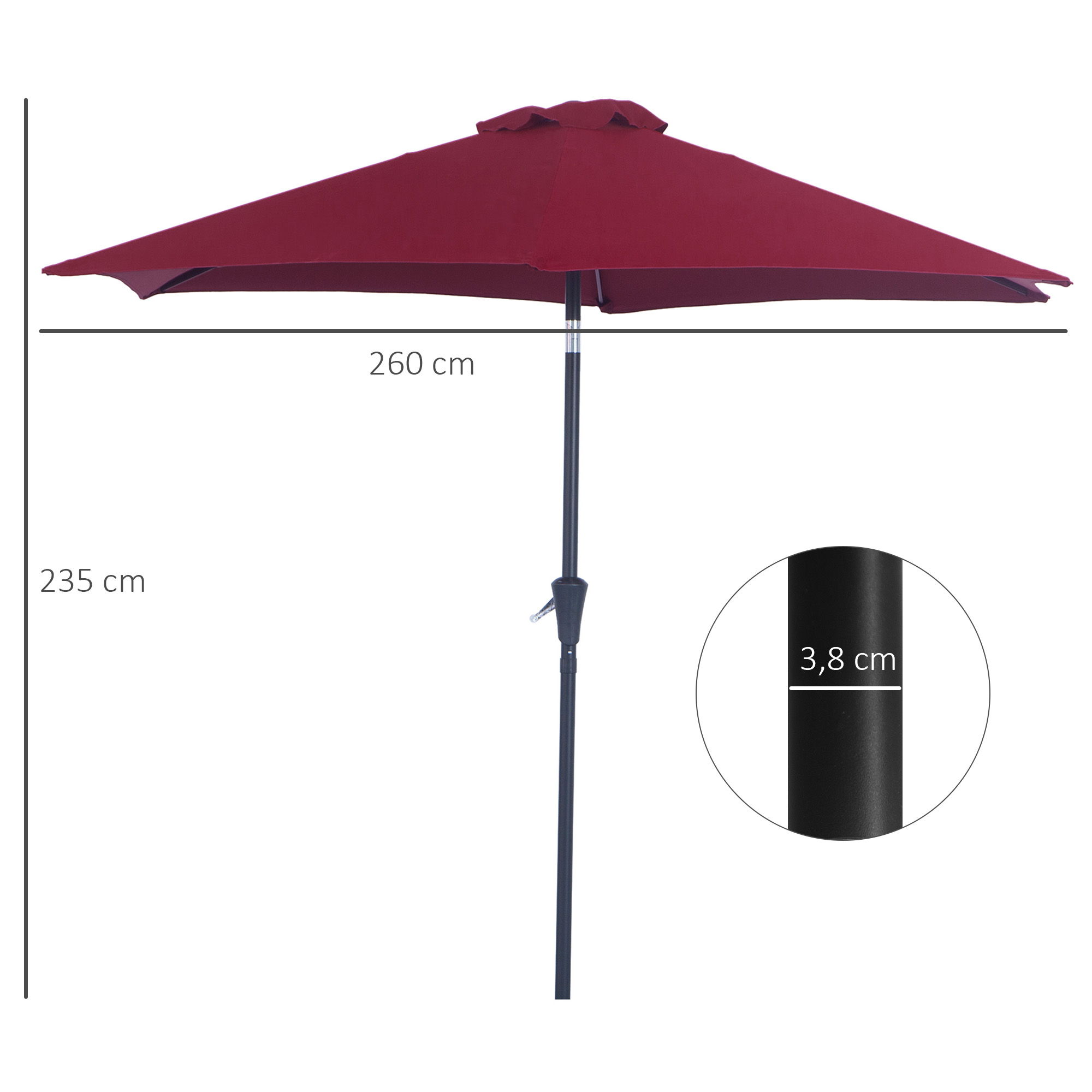 Knickschirm Sonnenschirm Gartenschirm Marktschirm mit Handkurbel Alu 180/? Polyester Rot ?2,6 x 2,35 m
