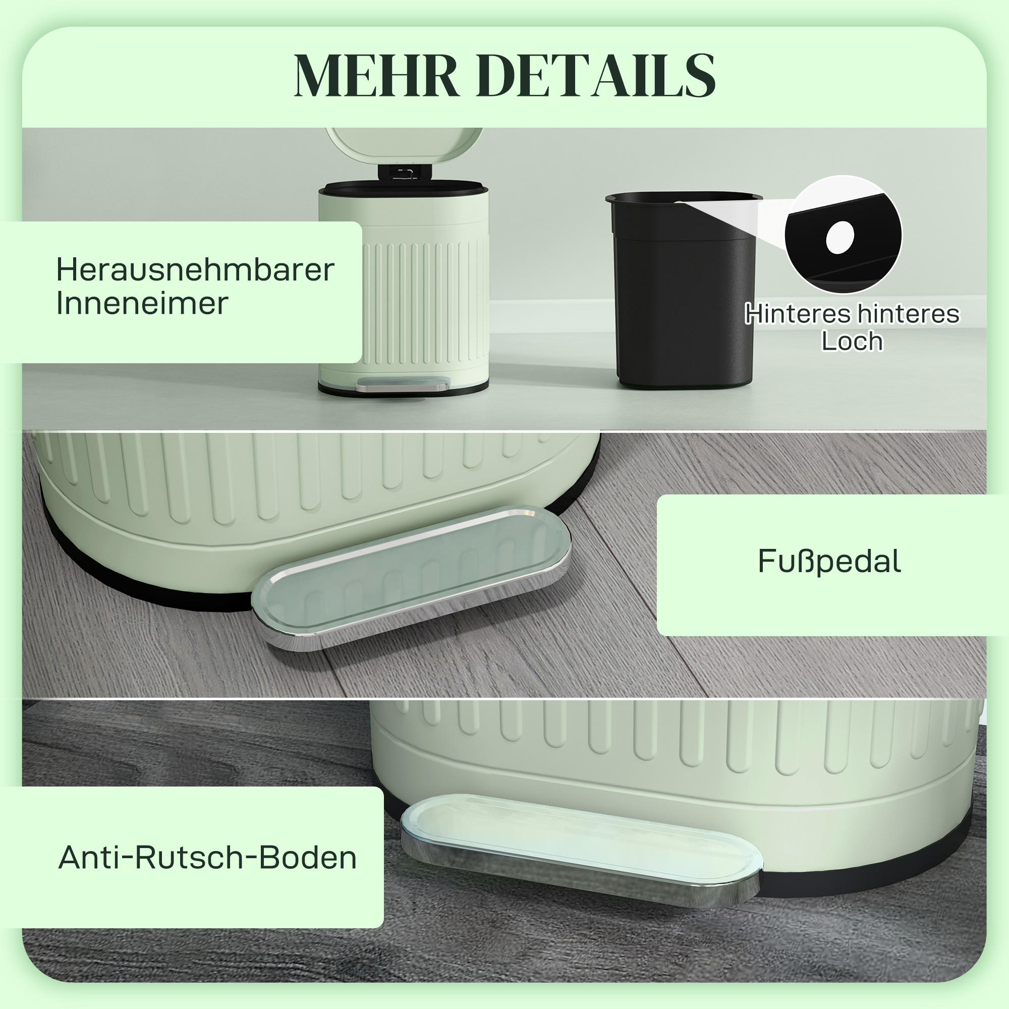 Mülleimer 20l Treteimer mit Deckel Fußpedal herausnehmbarem Inneneimer Soft-Close-Funktion 36,5 x 31,2 x 45 cm, Grün