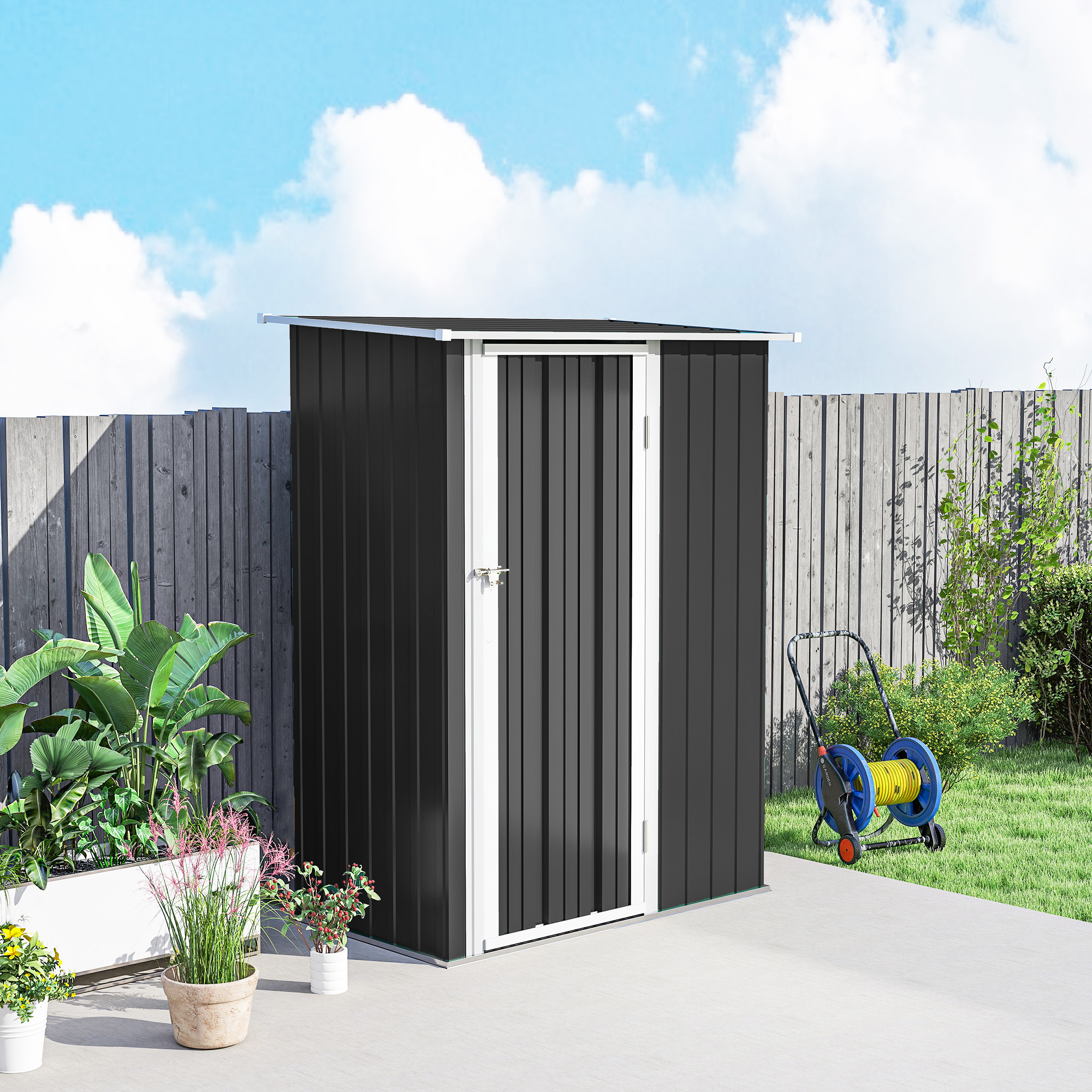Metall Gerätehaus 1,07 m² 142 x 86 x 189 cm Geräteschuppen mit Pultdach Abschließbarer Tür, wetterfest Gartenhaus Outdoor Garten Schuppen für Hinterhof Außenbereich Dunkelgrau