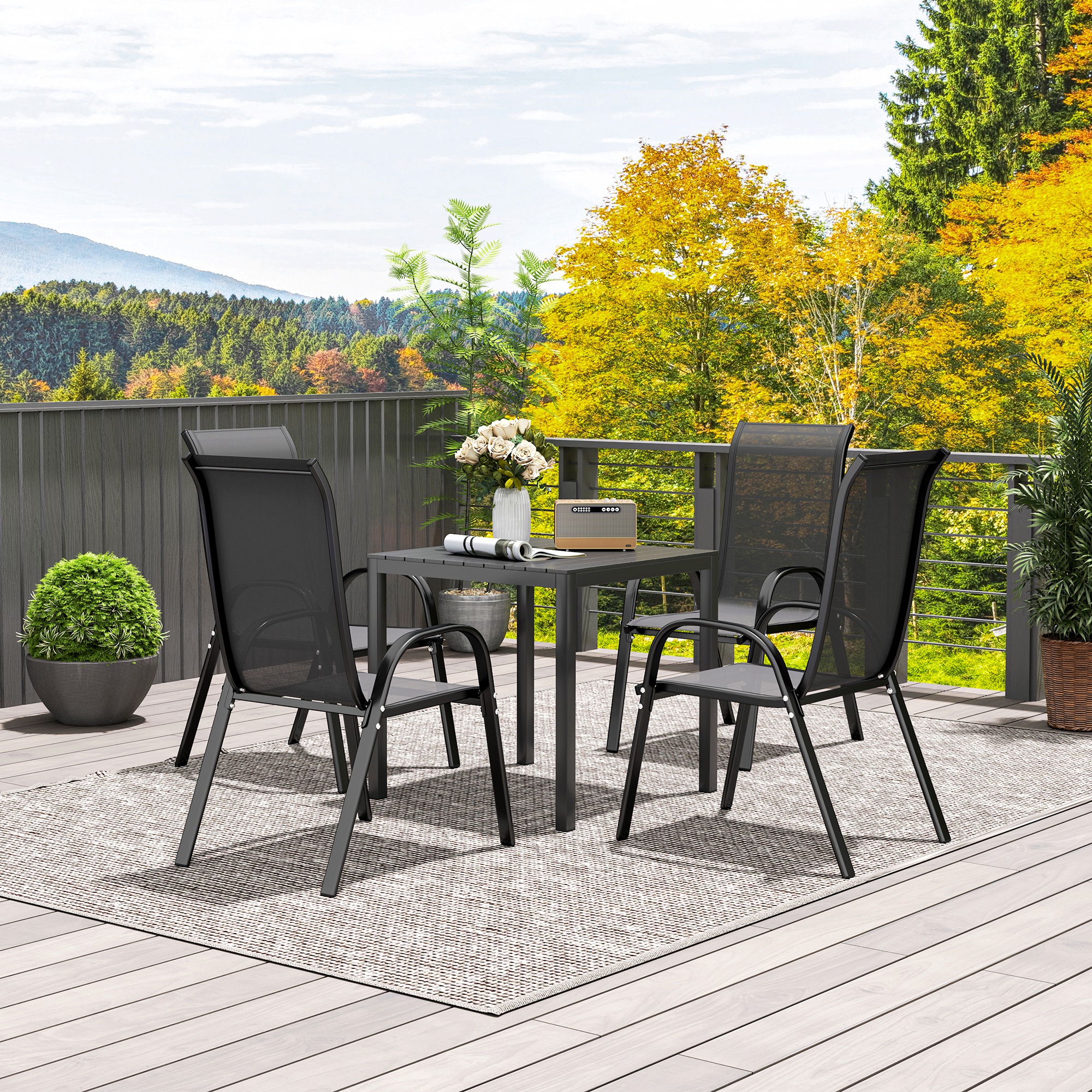 Gartentisch Aluminium 73x73 cm Wetterfest Buffettisch mit Holzoptik, Campingtisch für 4 Personen Schwarz