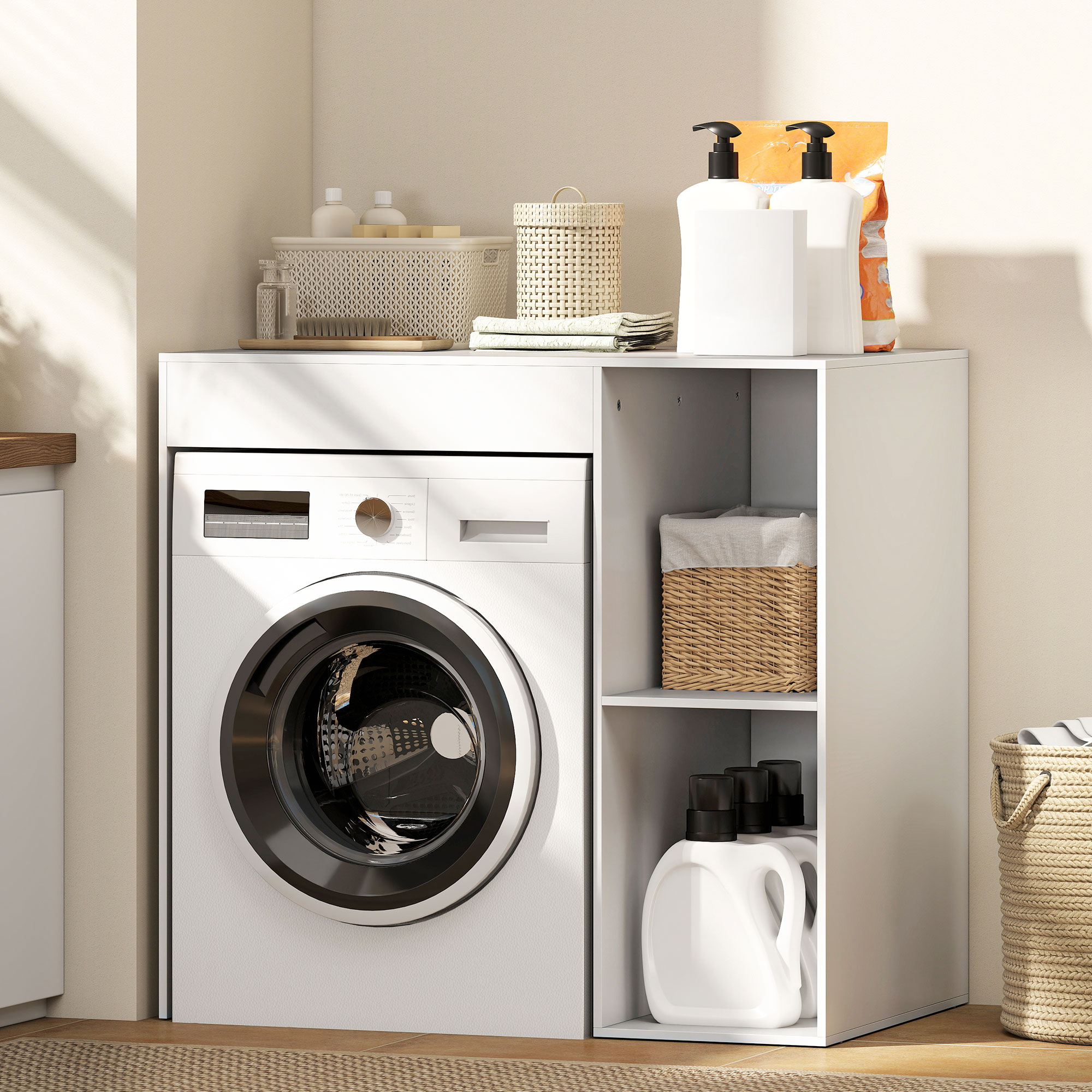 Schrank über Waschmaschine, Bad-Organizer über Toilette mit offenen Ablagefächern für Waschraum, Weiß