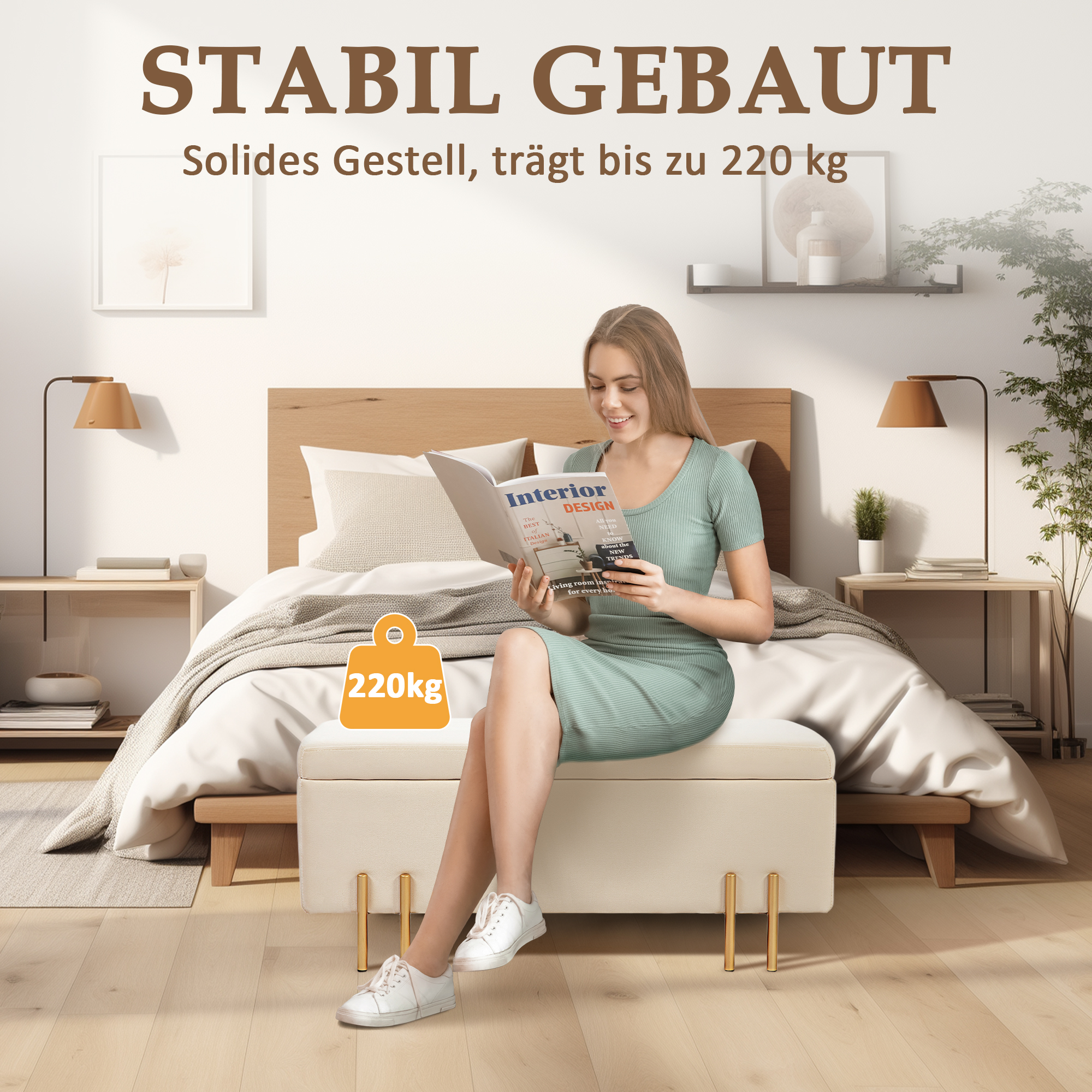 Polsterbank mit Stauraum, Truhenbank, Schaumstoff, Metall, Kautschukholz, 100 x 40 x 42 cm, Beige