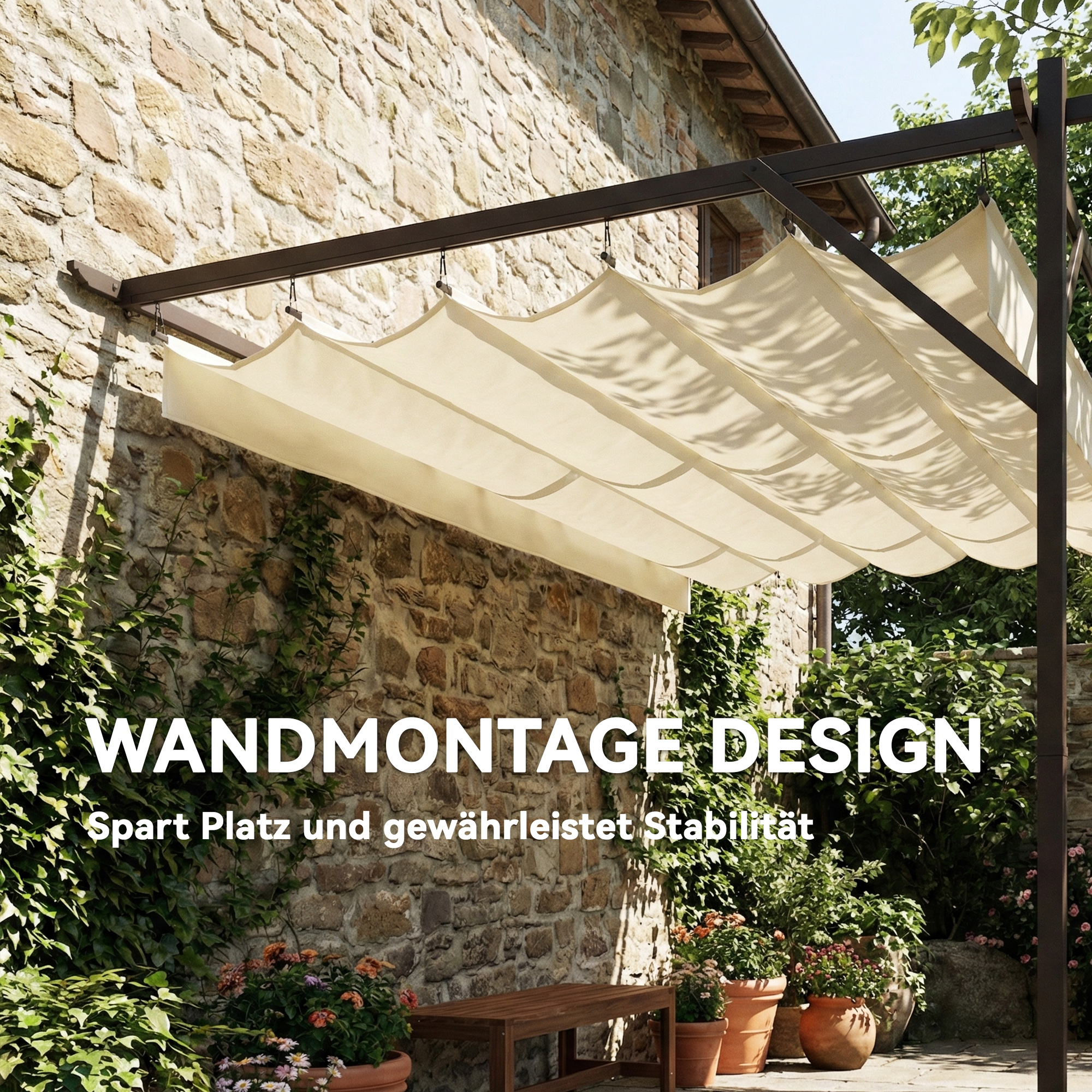 Terrassendach Pergola ca. 4x3m Terrassenüberdachung mit Verstellbares Dach, Wandmontage UV 30+ Cremeweiß