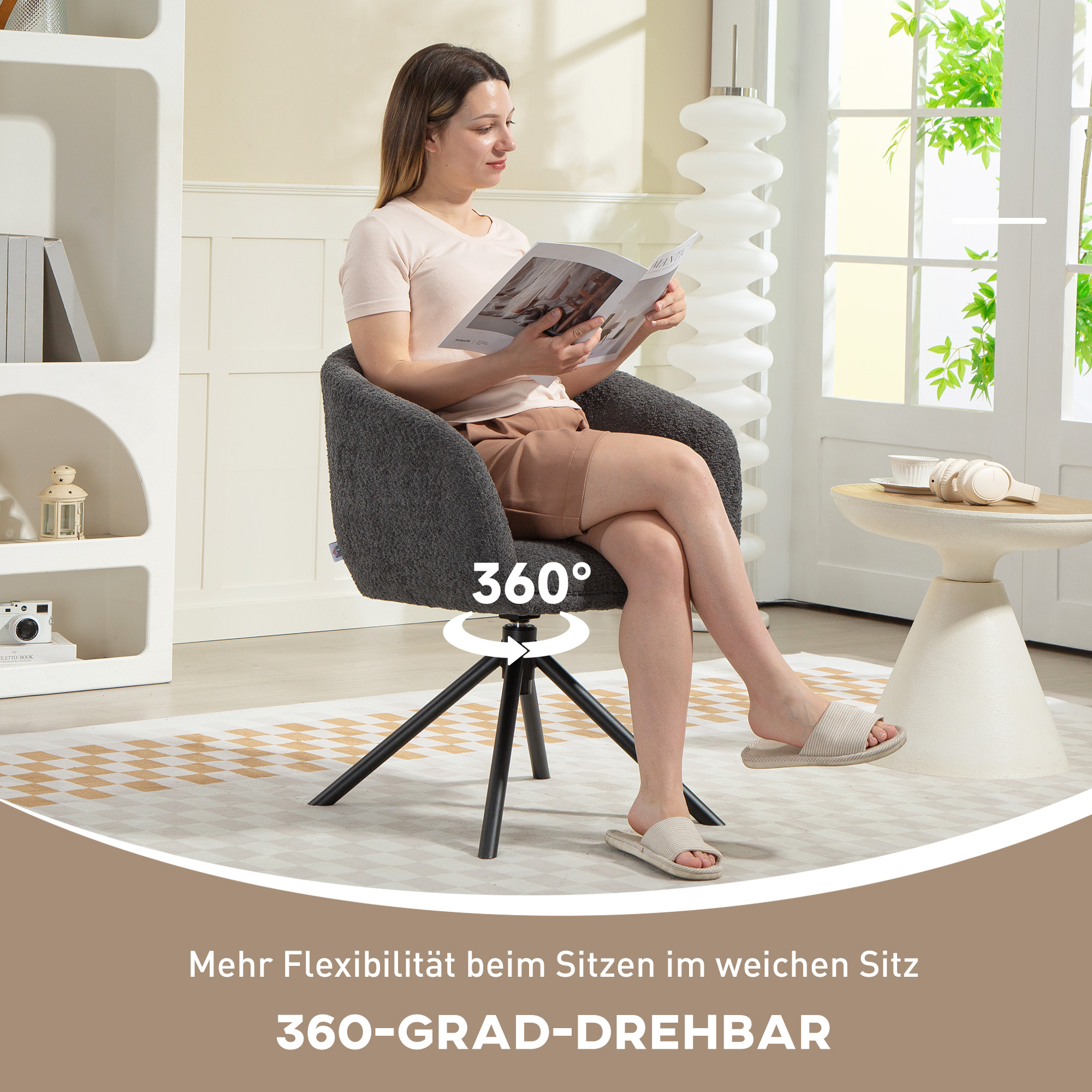 Sessel, Polsterstuhl mit bequemer Sitzschale, drehbar, kuscheliger Bezug, bis 120 kg, Dunkelgrau
