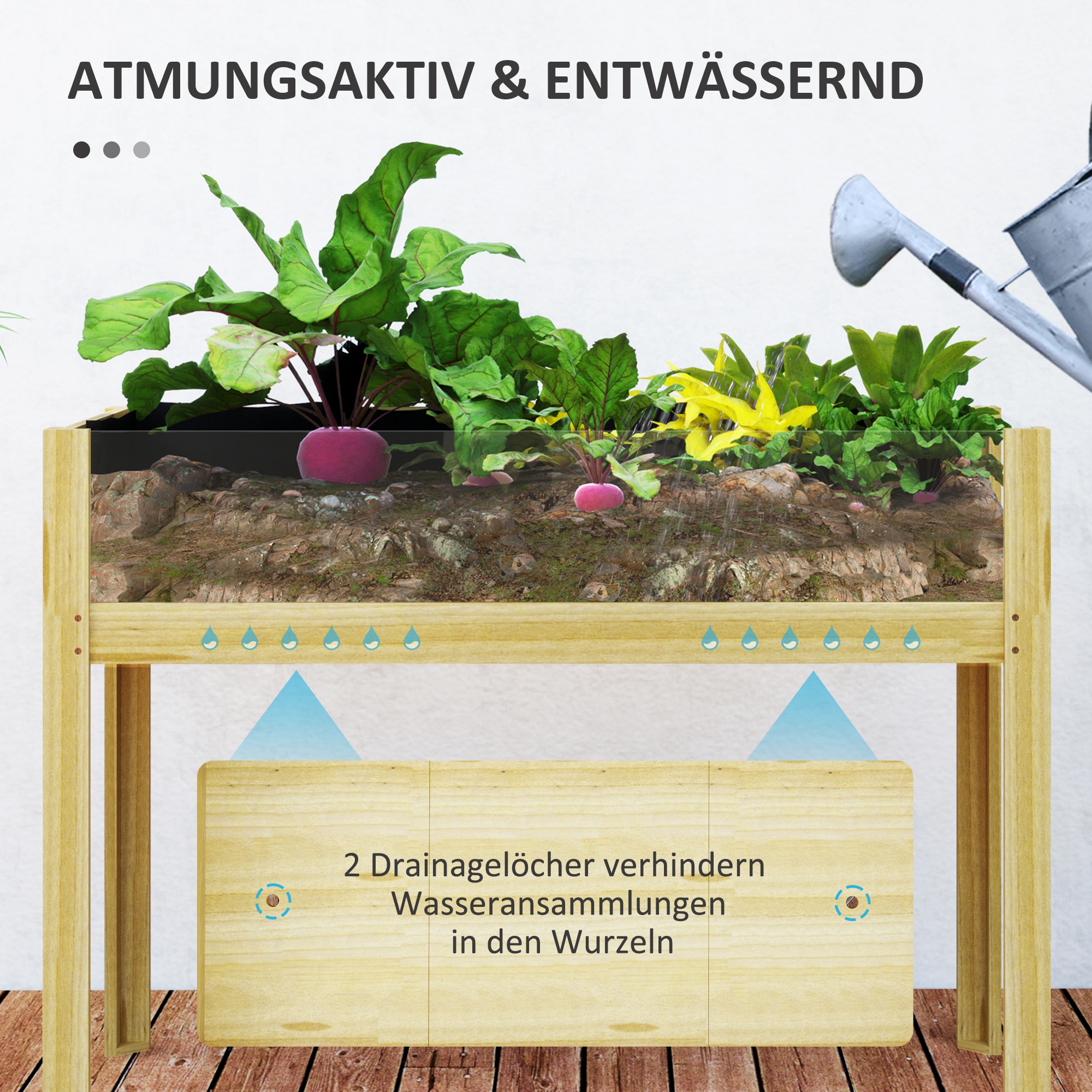 Hochbeet, Holz-Pflanzbox mit Acrylplatten an zwei Seiten, für 118 L Erde, Wasserabflusslöcher, 110 x 50 x 80 cm