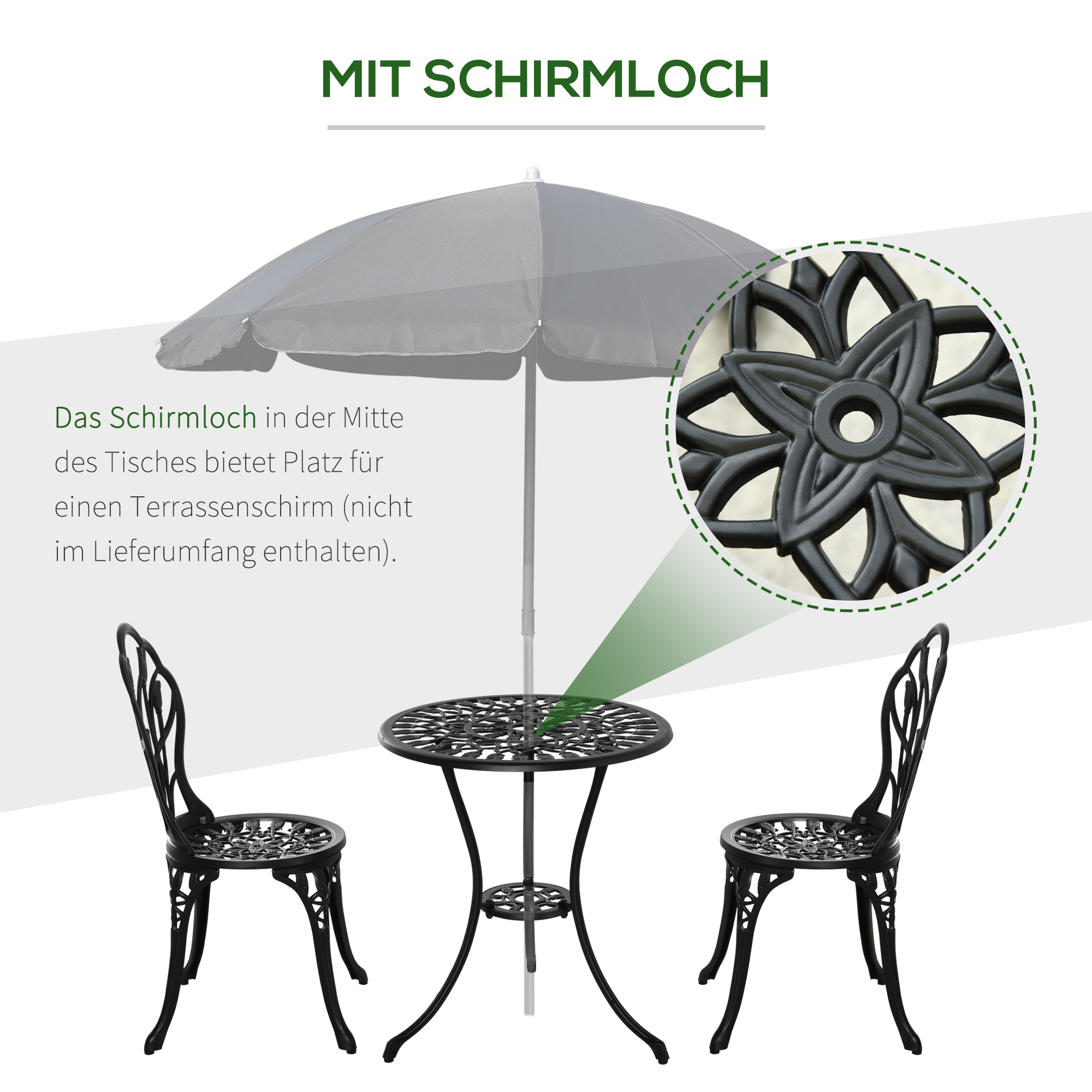 Bistroset wetterfest für 2 Personen 1 Tisch+2 Stühle mit Schirmloch für mehrere Orte Aluminium Schwarz