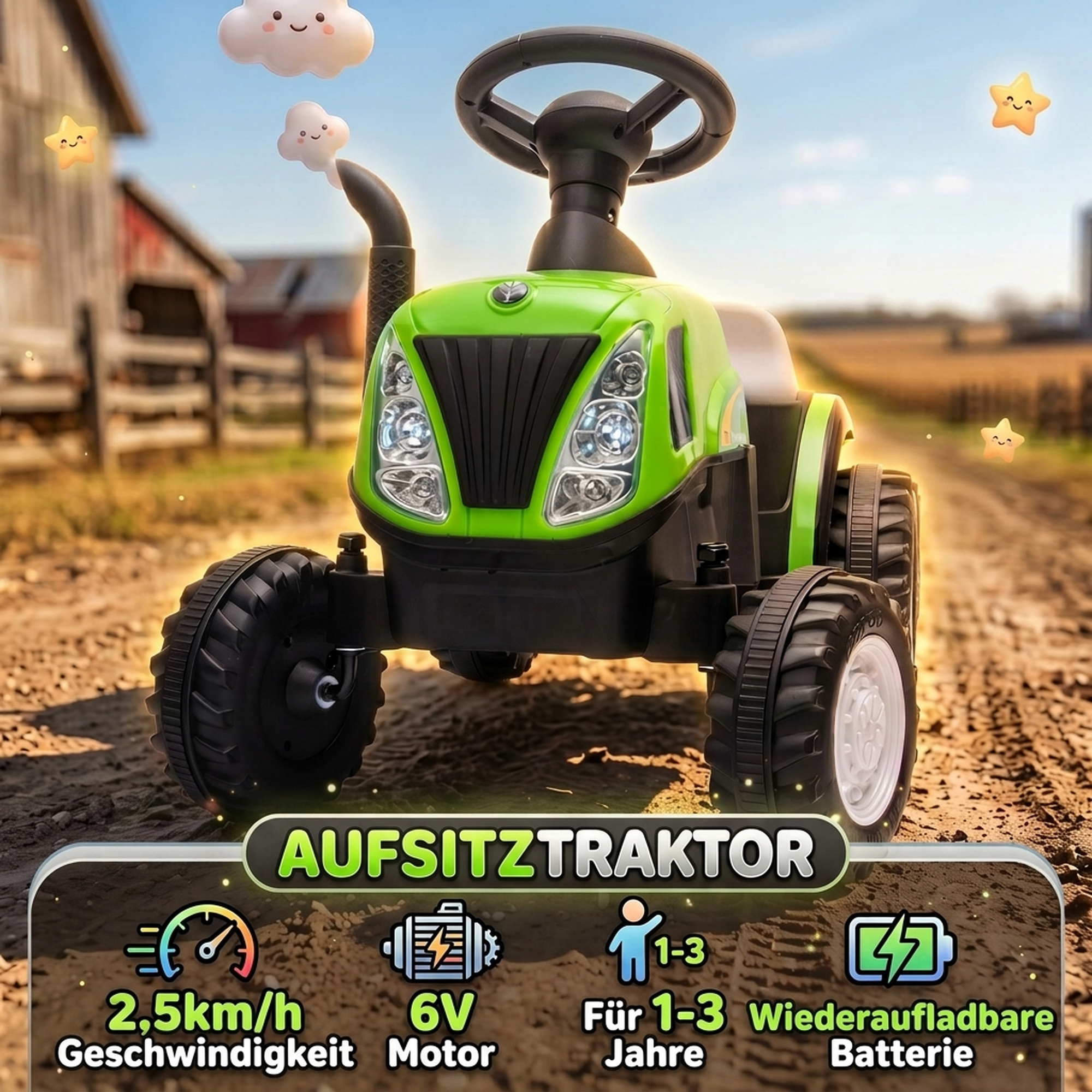 Kinder Traktor mit abnehmbar Anhänger Aufsitztraktor mit Lithium-Akku Fußpedal, Musik, Hupe Licht, Grün