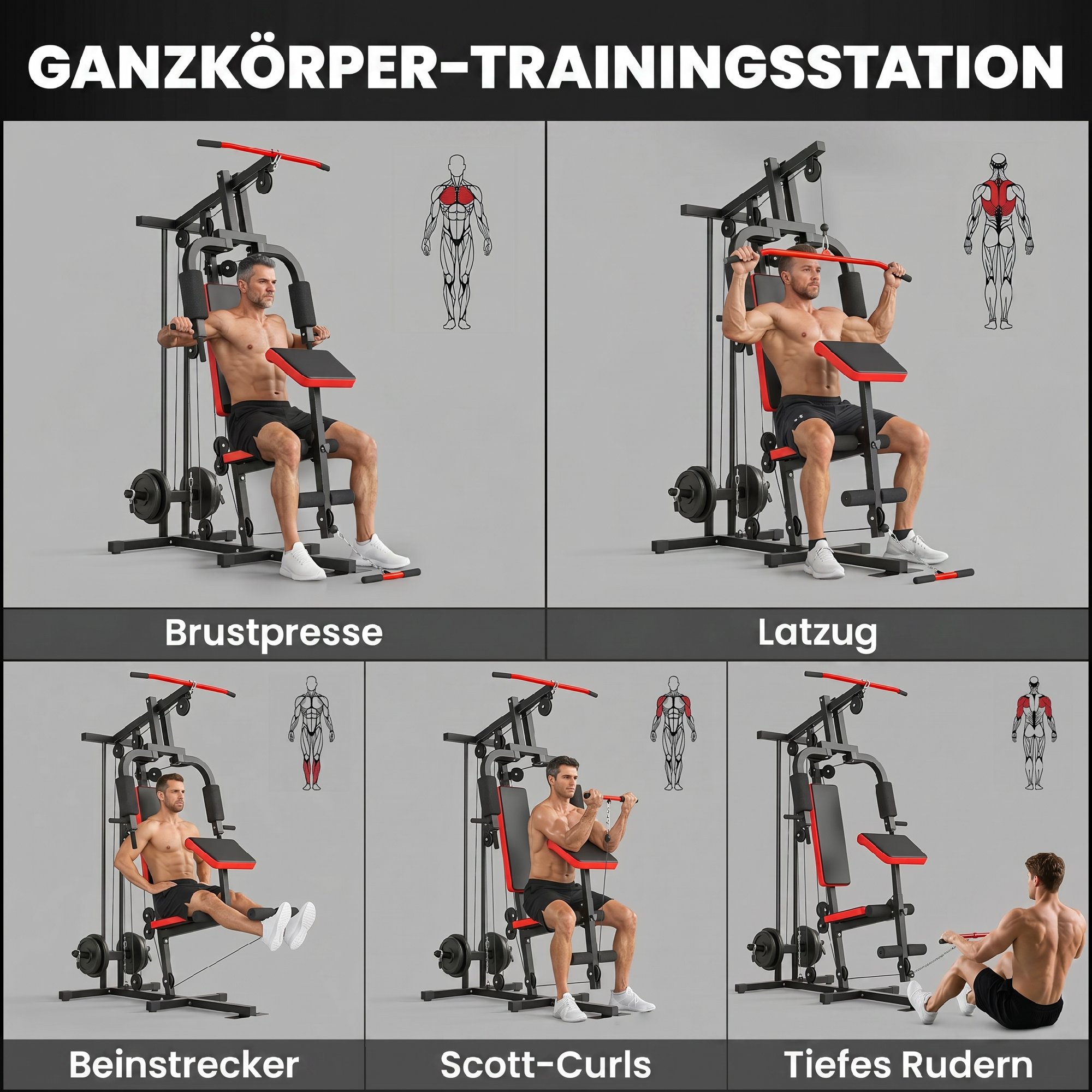 Kraftstation Fitnessstation mit Latzug, Butterflystange, verstellbar Preacher Bank, Beintrainer, bis 120kg Schwarz+Rot