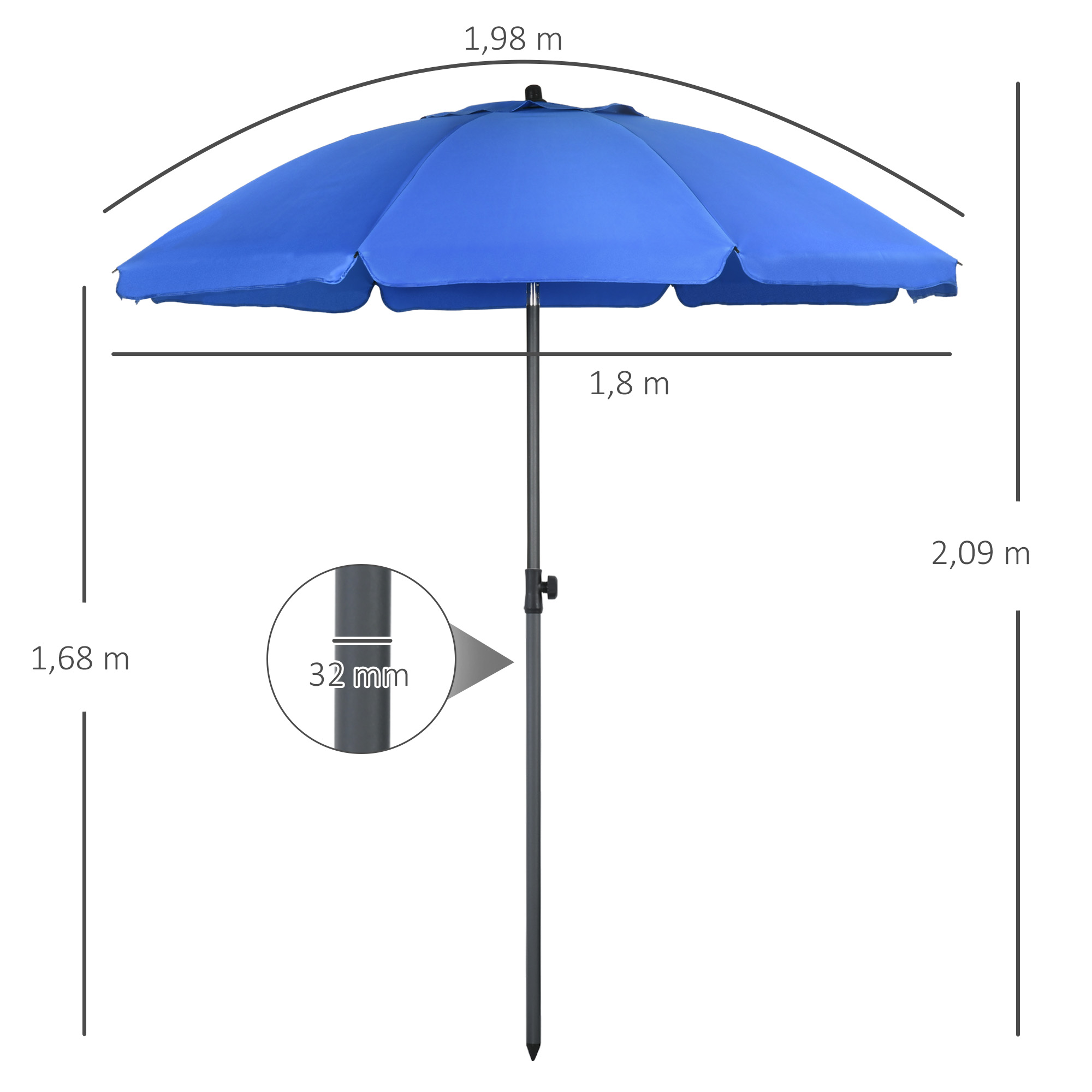Strandschirm, Sonnenschirm, mit Belüftungsöffnungen, verstellbare Neigung, UV50+ Ø1,80, Blau