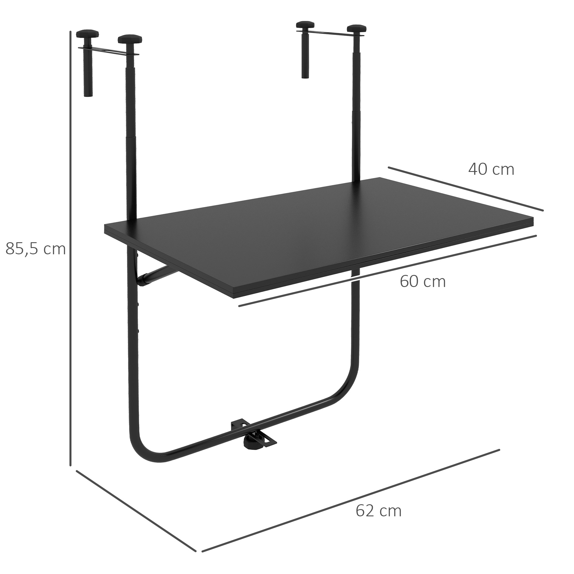 Balkontisch, für Geländer 6-15cm Dicke, verstellbar, klappbar, rostfreies Metall, 62x60x85,5cm, Schwarz