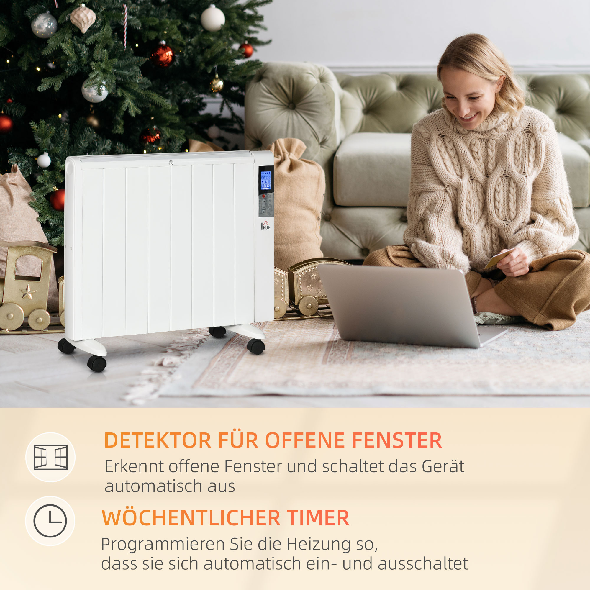 Elektroheizung mit Rollen, 9 vorinstallierte Modi, Wandmontage möglich, 5-35° C, weiß, 75 x 7,5 x 58,5 cm