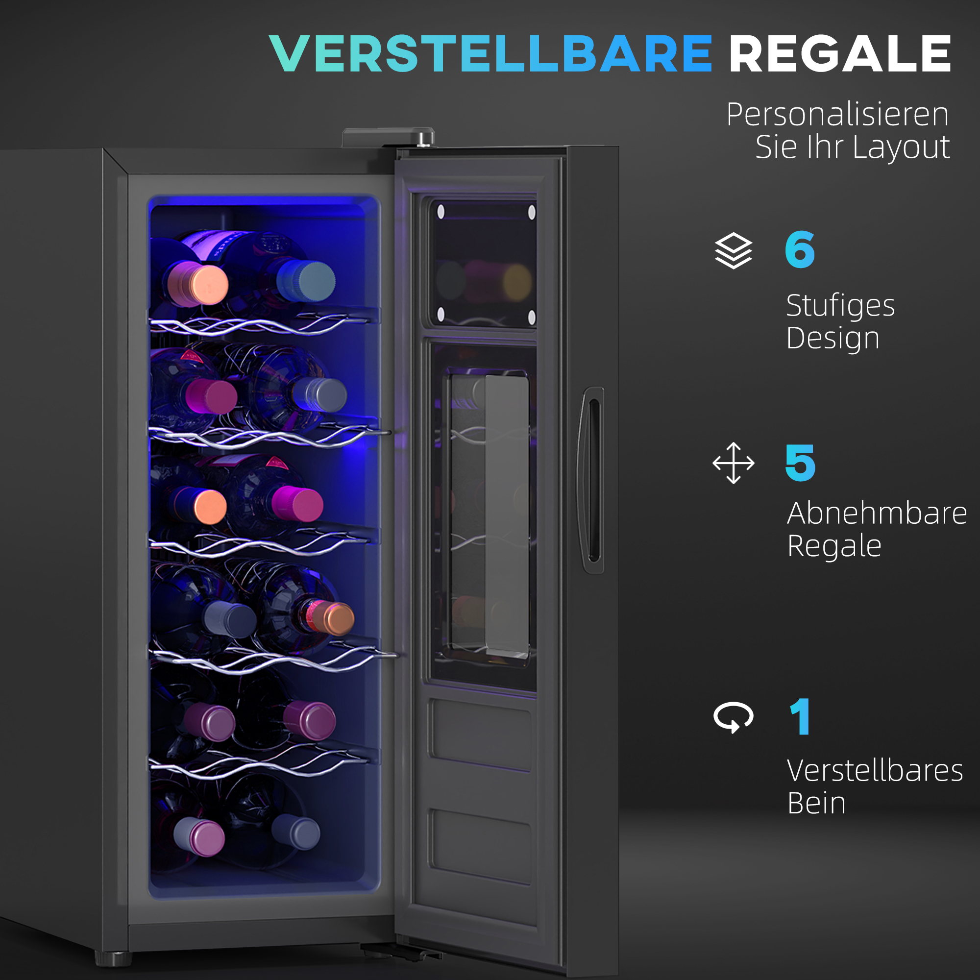 Weinkühlschrank für 12 Flaschen, mit Glastür, Getränkekühlschrank mit LED-Licht, Touch-Screen, Schwarz