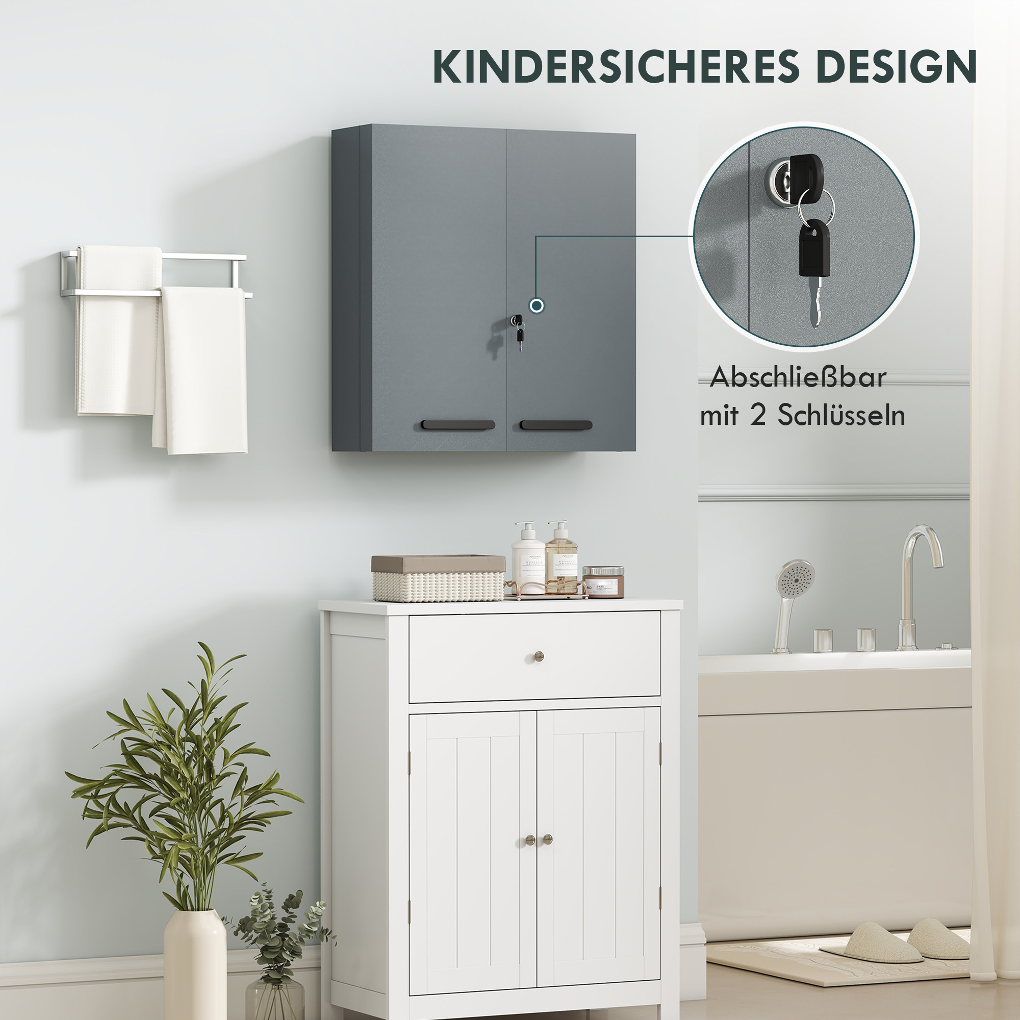 Medizinschrank, abschließbarer Medikamentenschrank mit 2 Türen und 6 Regalen, Kohlegrau