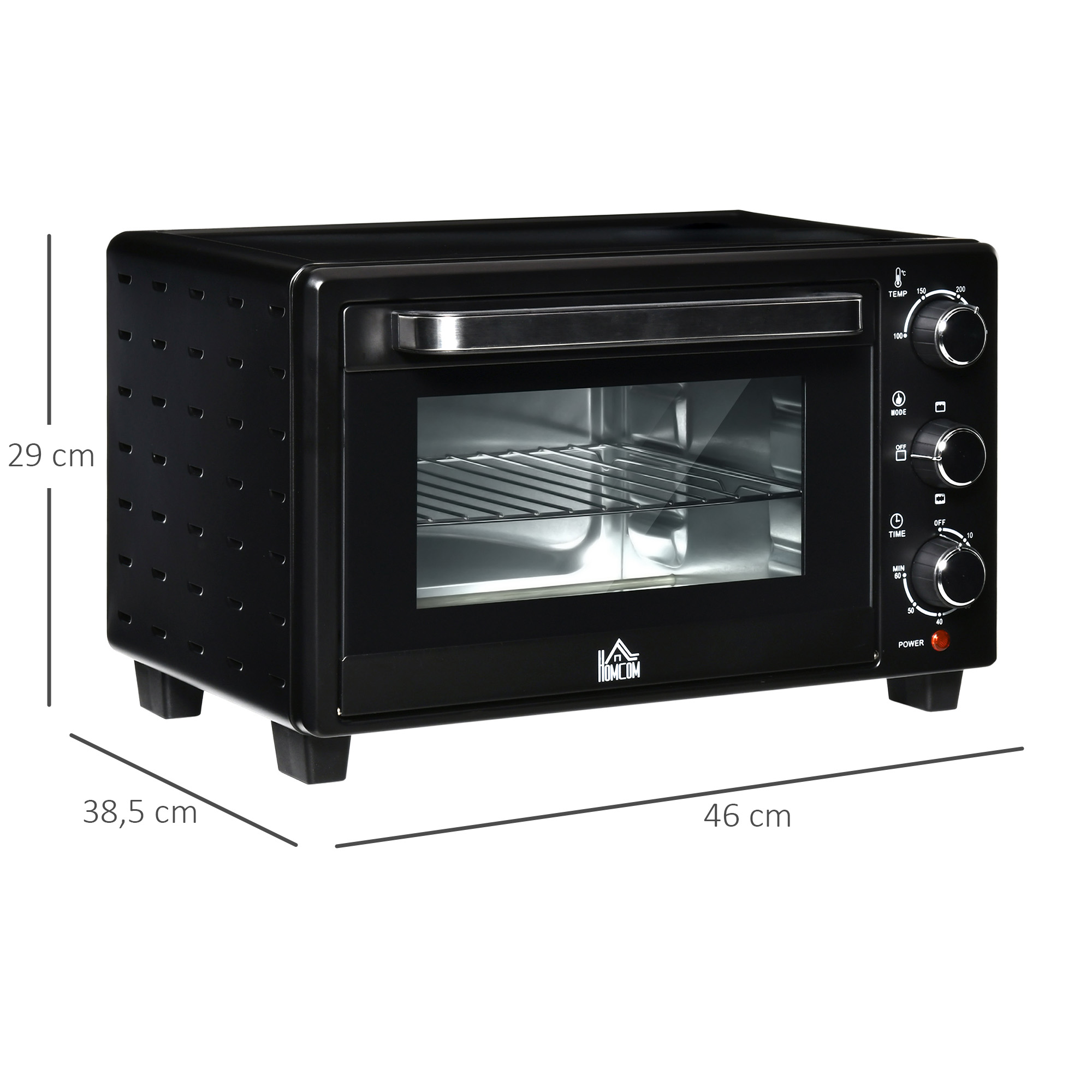 Minibackofen, 21 L Toasterofen mit 1 Drahtgestell und 1 Backblech, 3 Kochmodi, 100 °C-230 °C, Edelstahl, Glas, Schwarz
