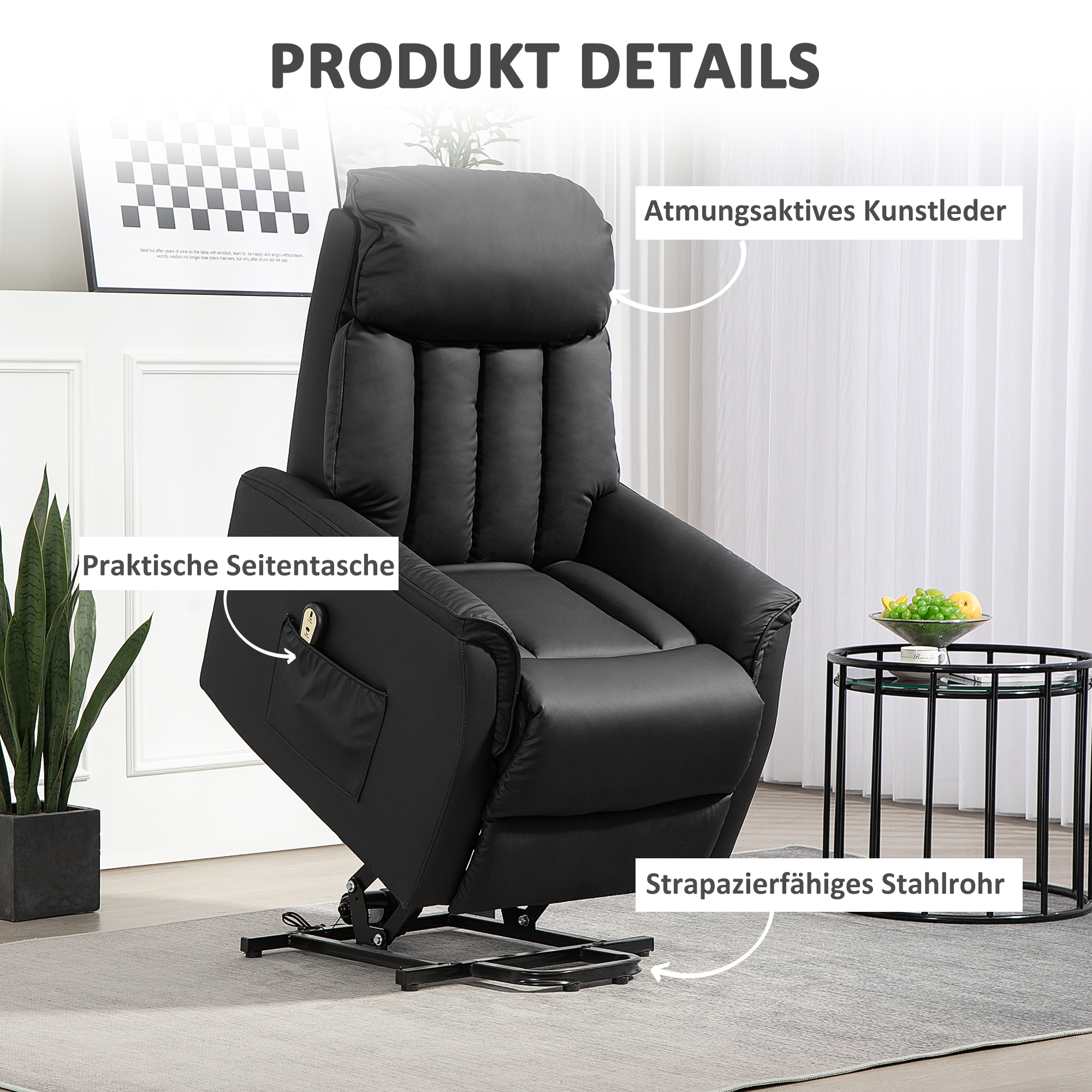 Elektrischer Aufstehsessel, Fernsehsessel, Sessel mit Aufstehhilfe, Liegefunktion, Kunstleder, 80 x 94 x 104 cm, Schwarz