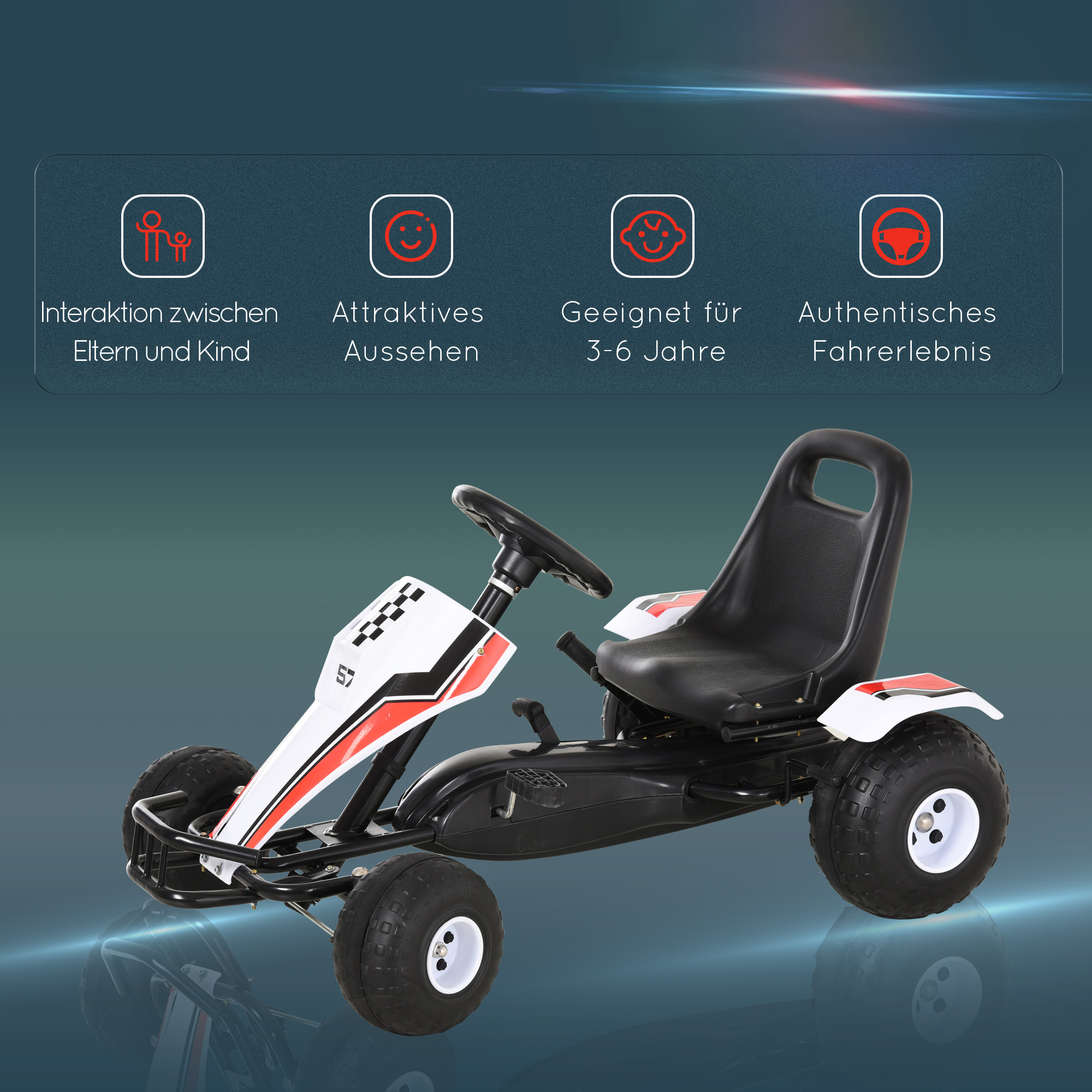 Go Kart Kinderfahrzeug Tretauto mit Pedal Bremsen Kinderspielzeug für 3-6 Jahre Stahl Weiß 104 x 66 x 57 cm