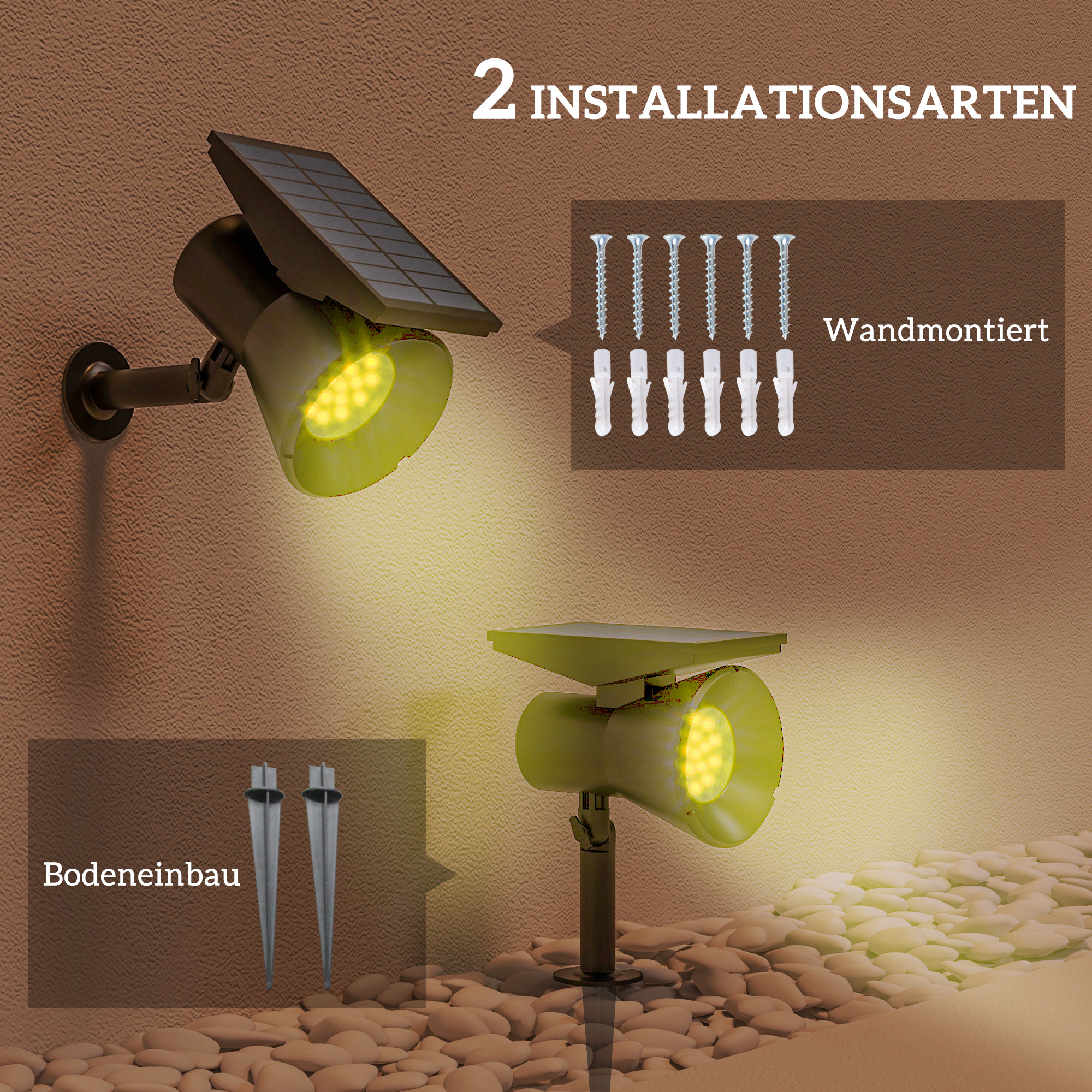 Solarleuchten, 2 Stück Solarlampen, Solar Gartenleuchte mit 2 Lichtfarben, Boden-/Wandmontage, IP54 Wasserdicht für Balkon, Terrasse, Schwarz