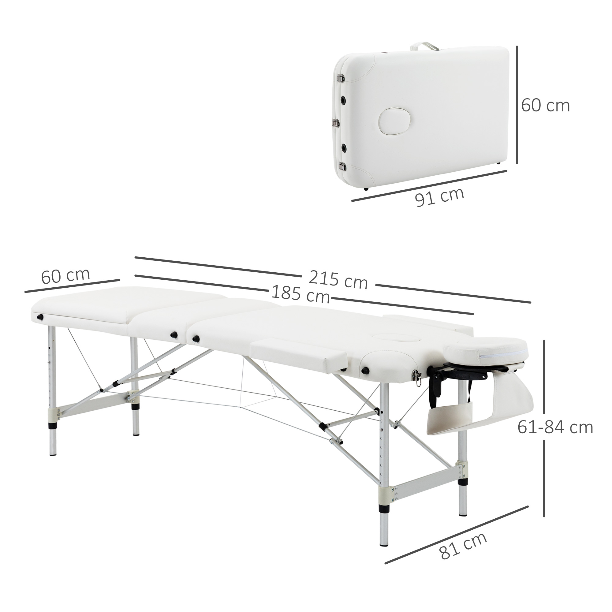 Mobile Massageliege 3 Zonen Klappbar Massagetisch mit Kopfstütze Armlehne Tragetasche höhenverstellbare Aluminium Massagebett tragbar inkl, Zubehör Massagebank bis 225 kg Belast Weiß