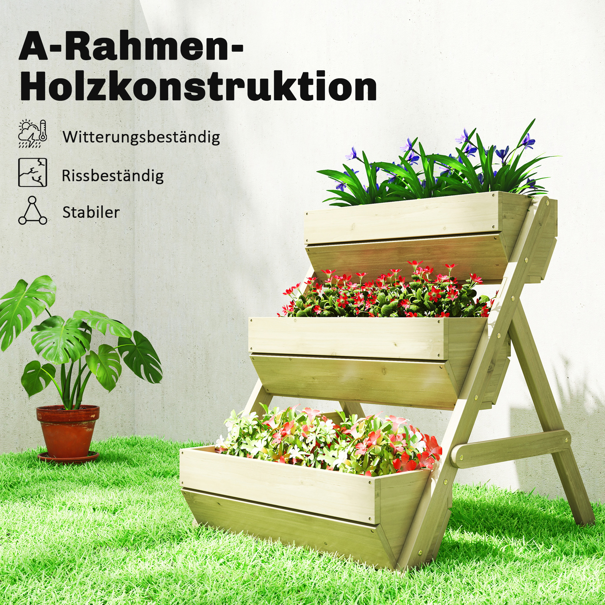 Vertikales Hochbeet mit 3 Etagen Vertikalbeet aus Holz Blumenkasten mit 3 Pflanzkästen Ablauflöchern Grün