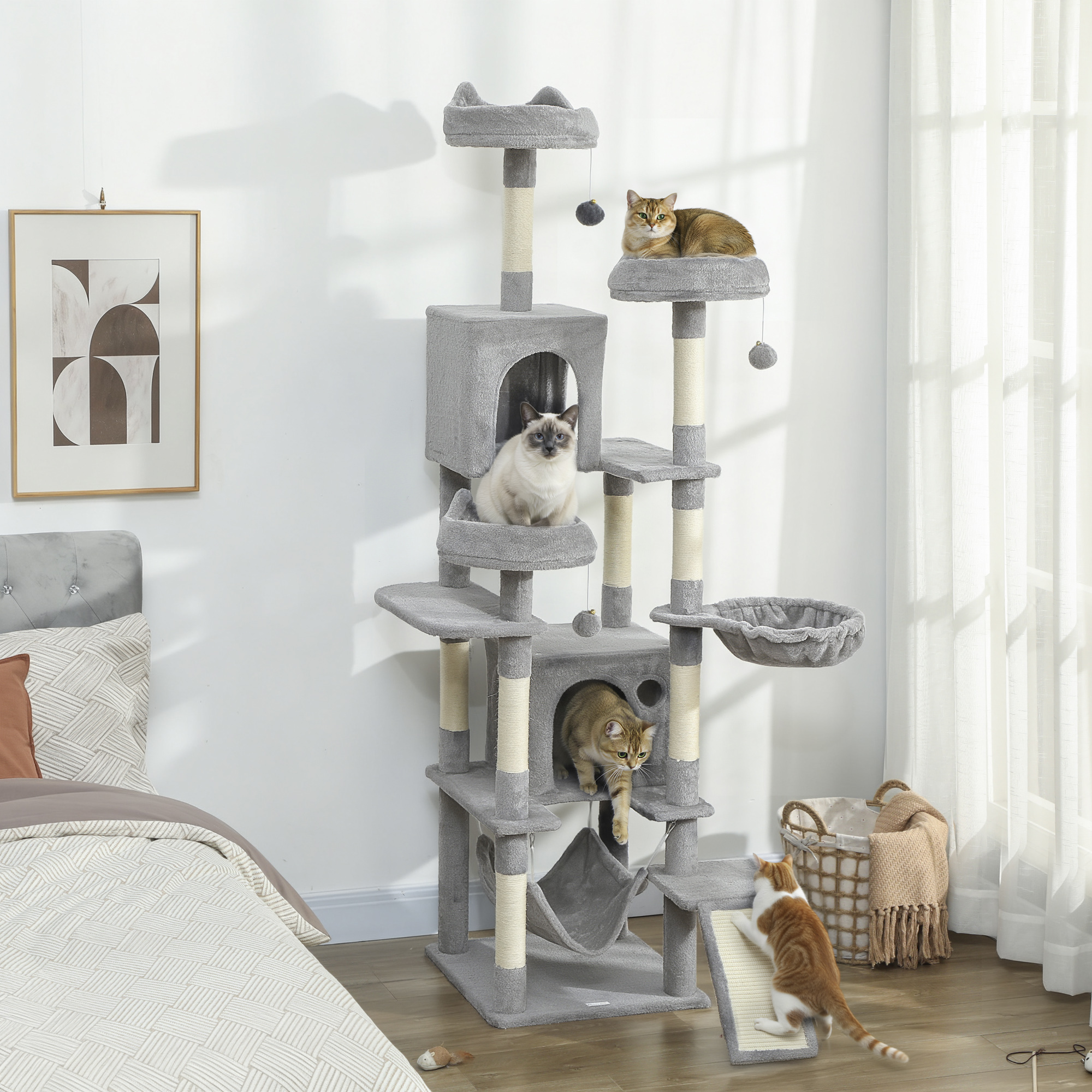 Kratzbaum 192 cm Katzenturm mit Höhle, Sisalstämme, große Plattform, Hängematten Rampe für 2-3 Katzen unter 5 kg