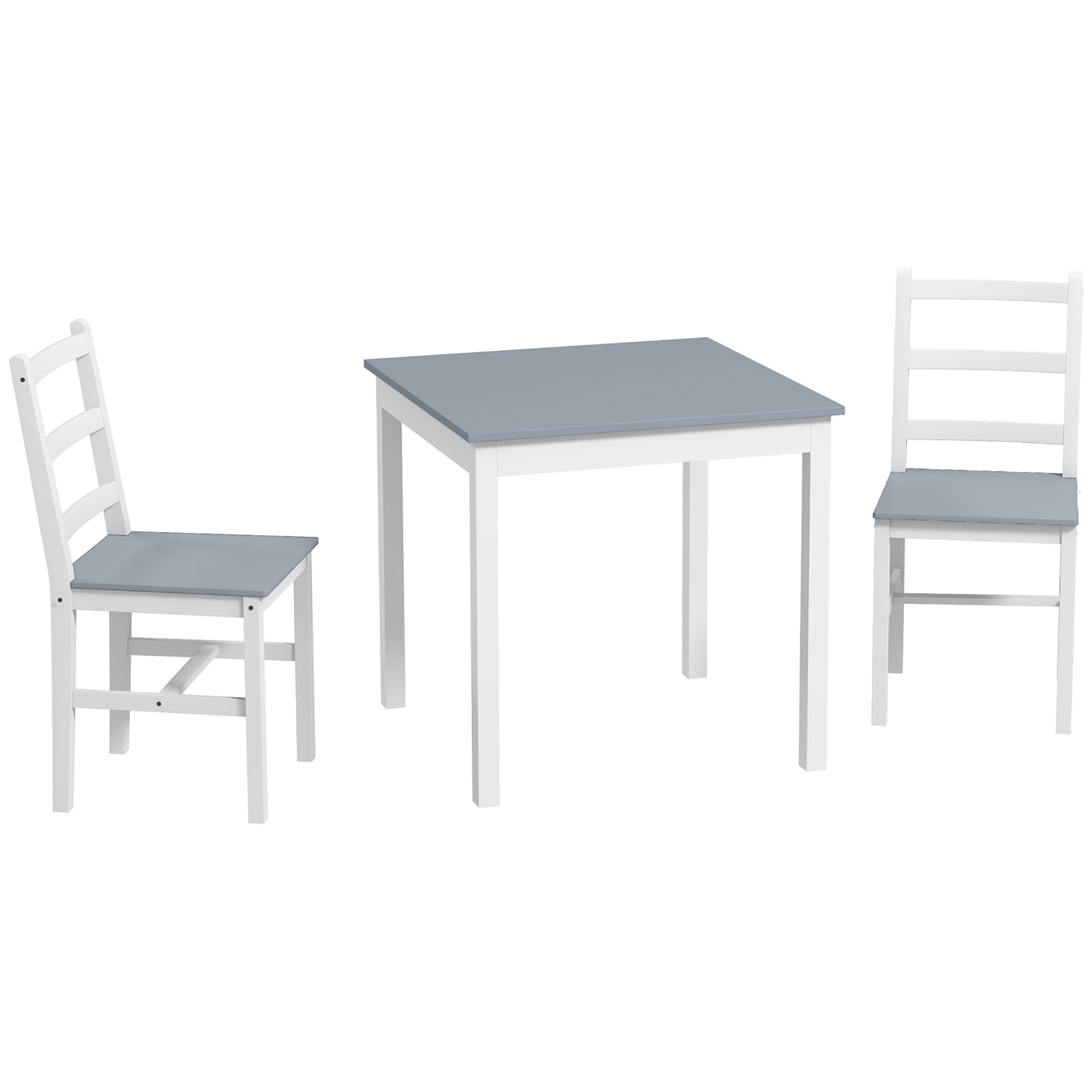 Essgruppe für 2 Personen, 2 Stühle, 1 Tisch, Kiefernholz, Weiß + Grau