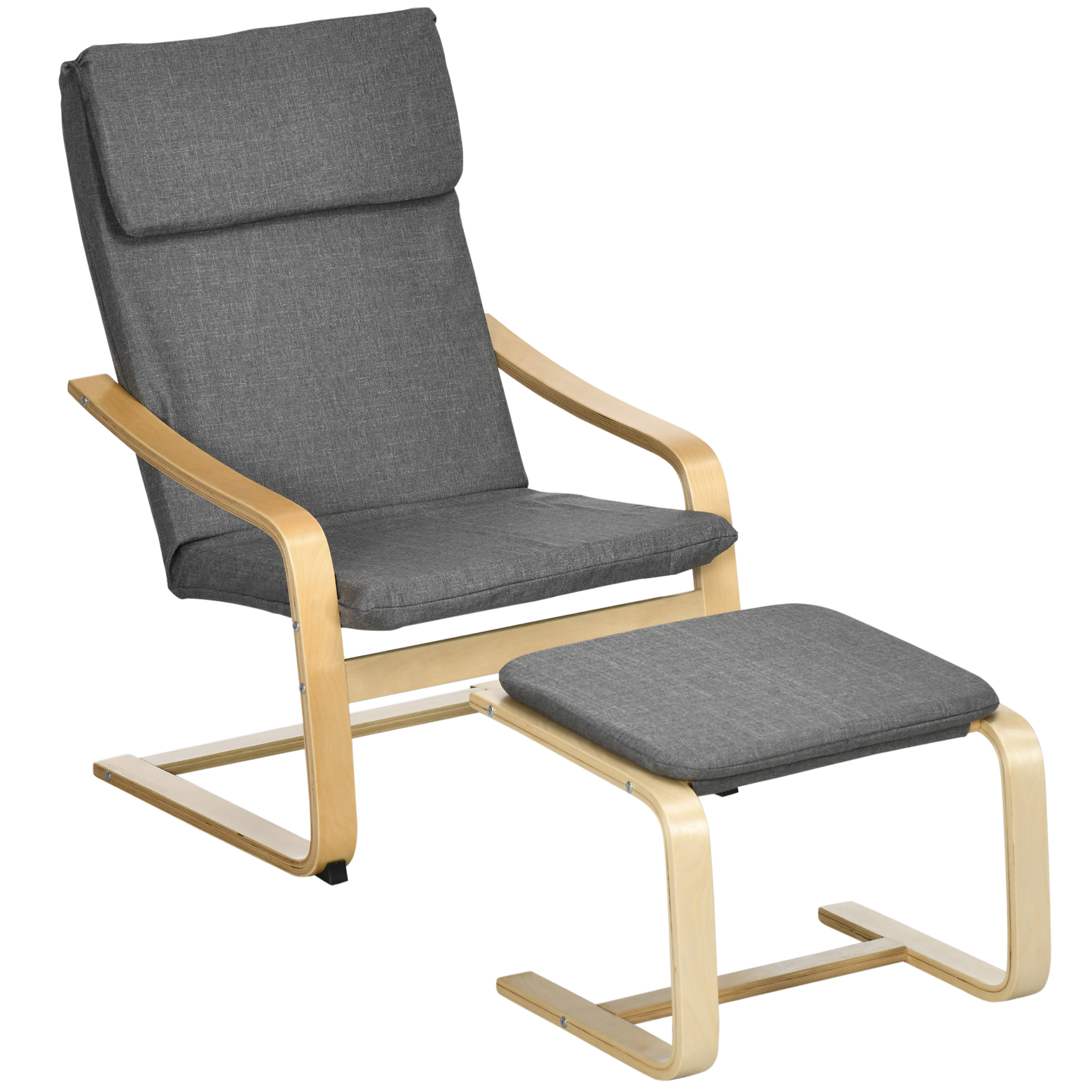 Sessel mit Fußhocker, Sessel-Set, bis 120 kg, Leinenoptik, Massivholz, Grau + Natur, 66,5 x 80 x 99 cm