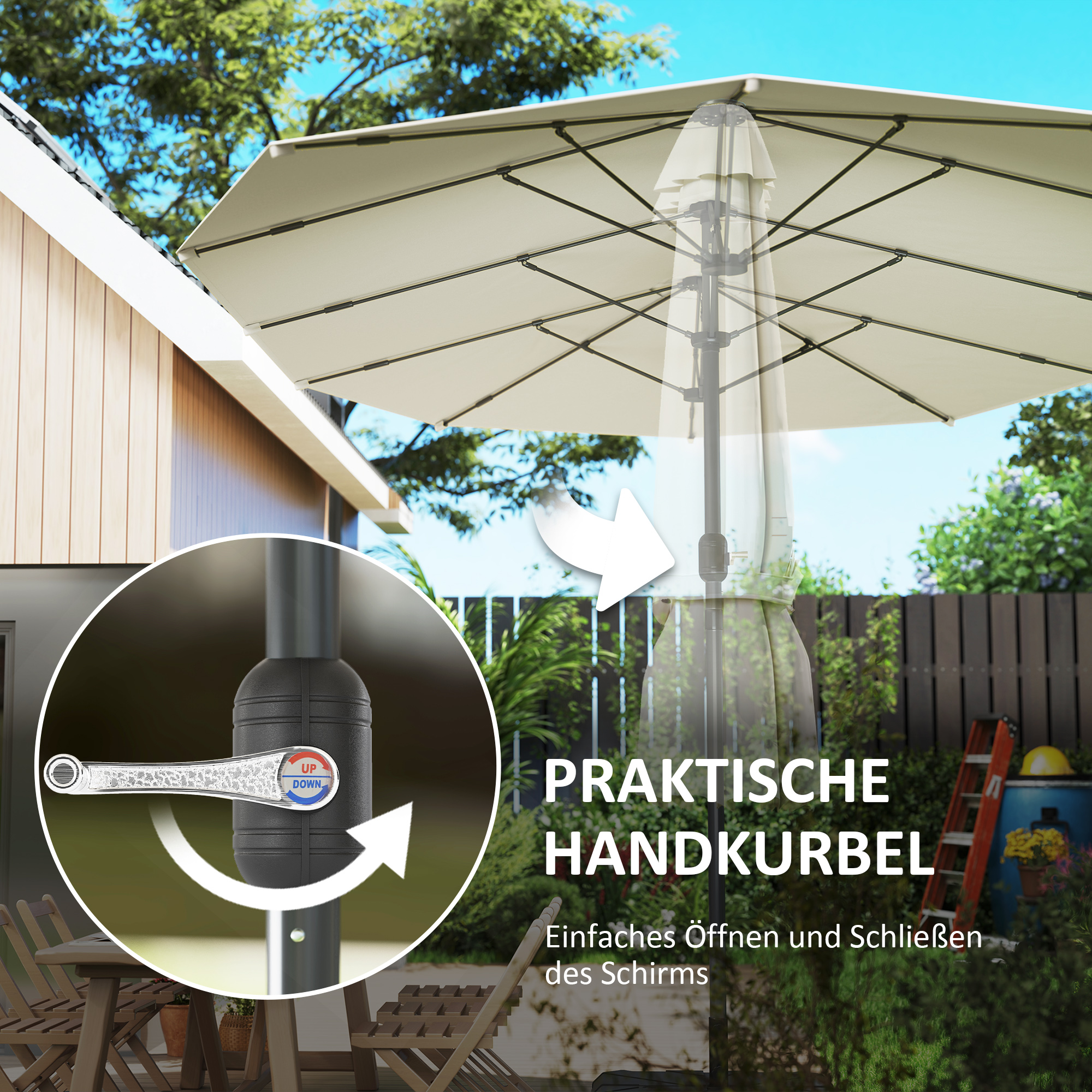 Doppelsonnenschirm 436 x 260 cm, UV Schutz Stahl Sonnenschirm mit Handkurbel, oval Beige