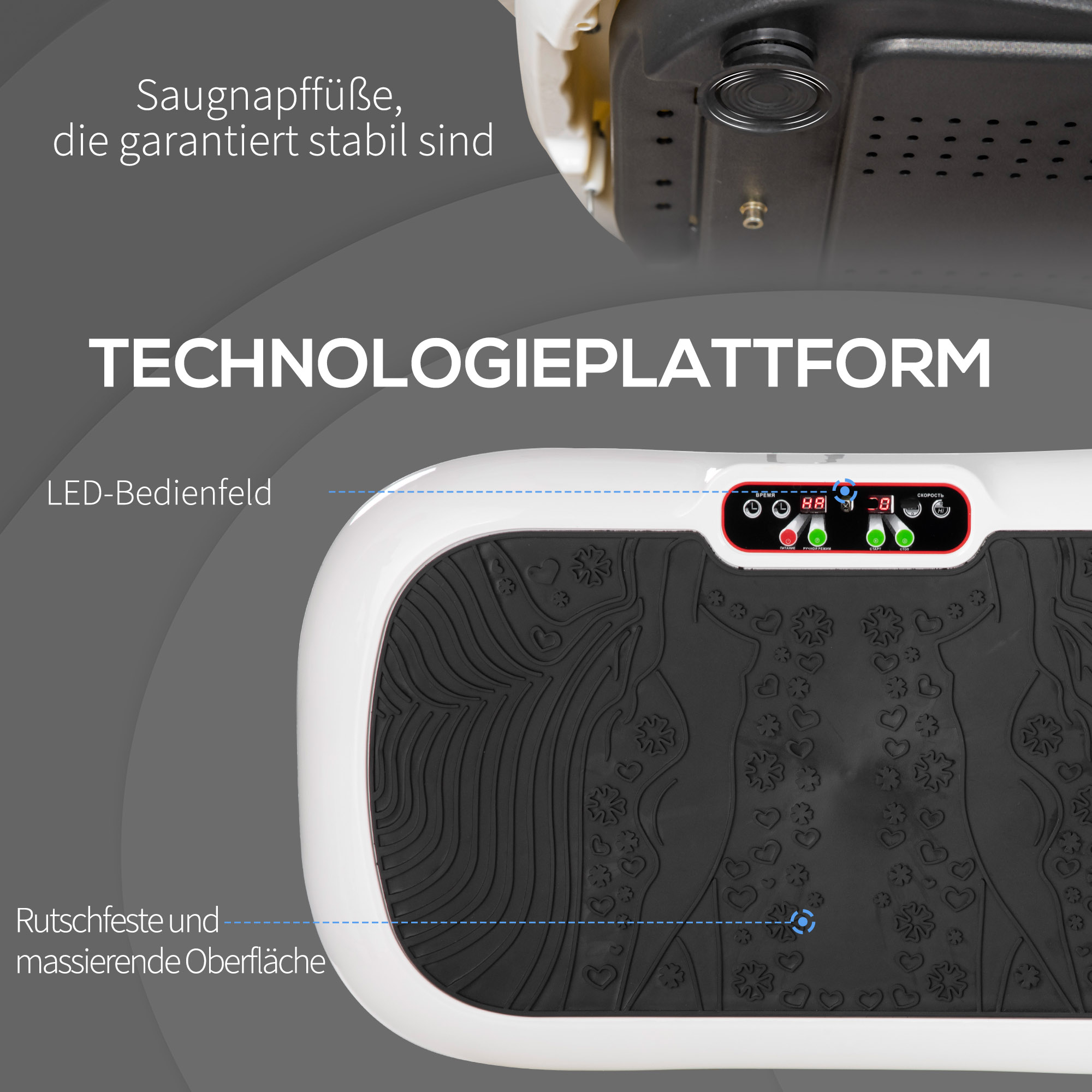 Vibrationsplatte mit 99 Stufen, 2 Fitnessbändern 73 x 40 x 13cm Weiß+Schwarz