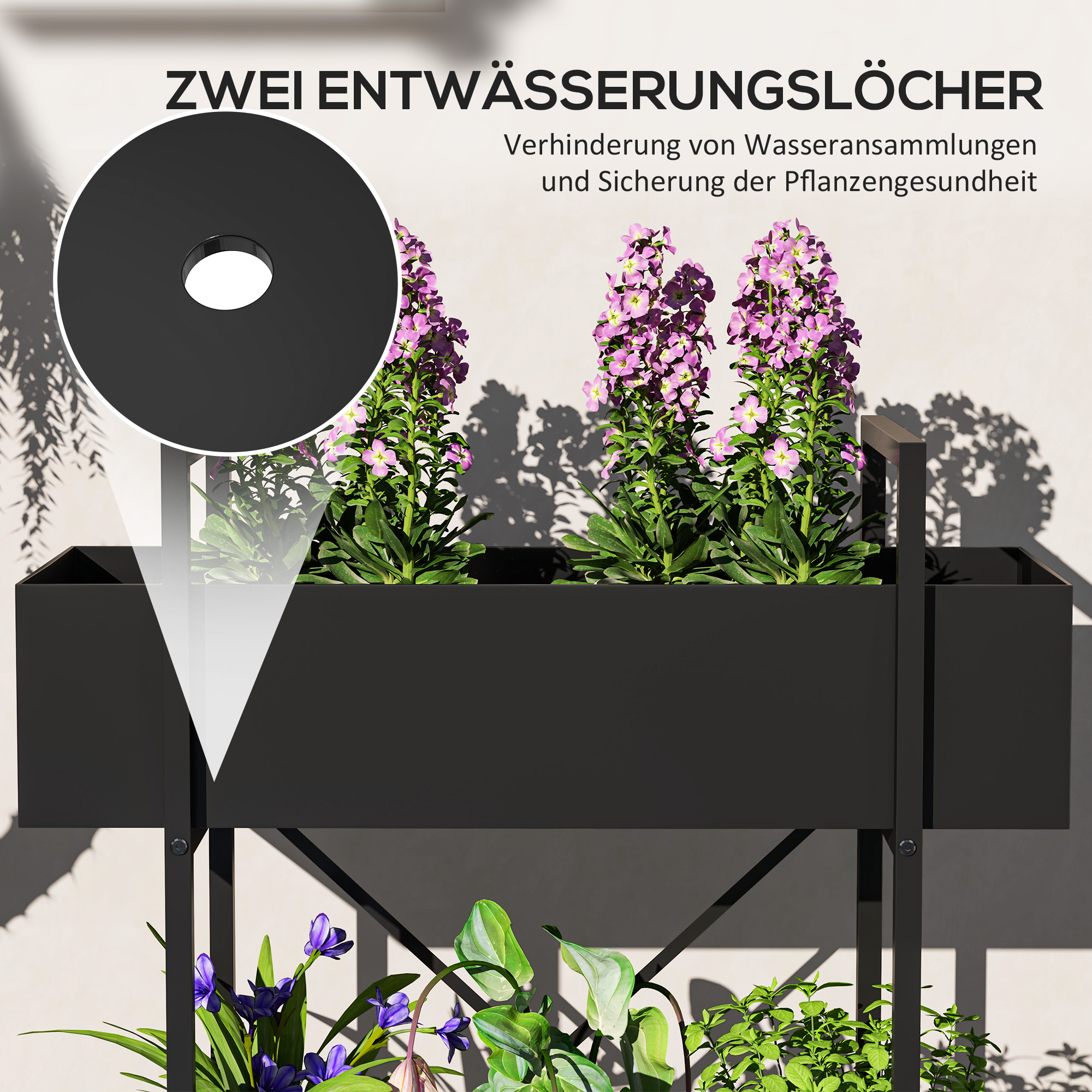 Pflanzenständer, Blumentopfständer mit 2 Ebenen, Ablauflöcher, für drinnen und draußen, Metall, Schwarz