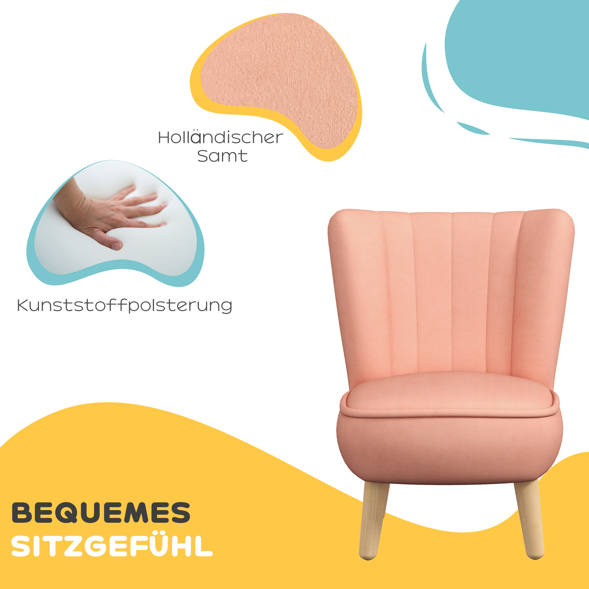 Kindersessel, Samtoptik, für 3-7 Jahre, bis 45 kg, Holzgestell, 44x45x56,5cm, Pink