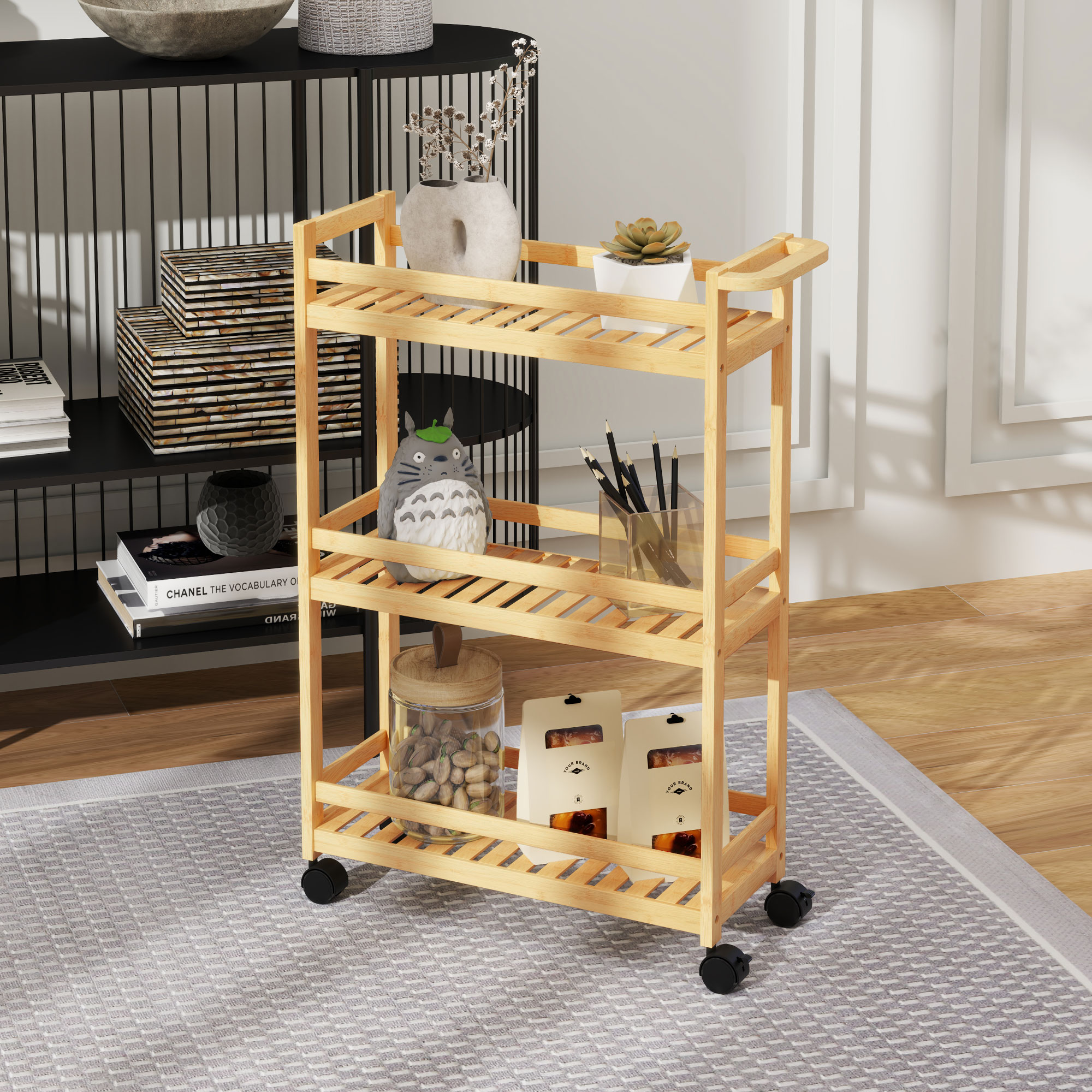 Servierwagen, 3 Etagen, Lamellenböden, Herausfallschutz, Bambus, 55 x 20 x 75 cm