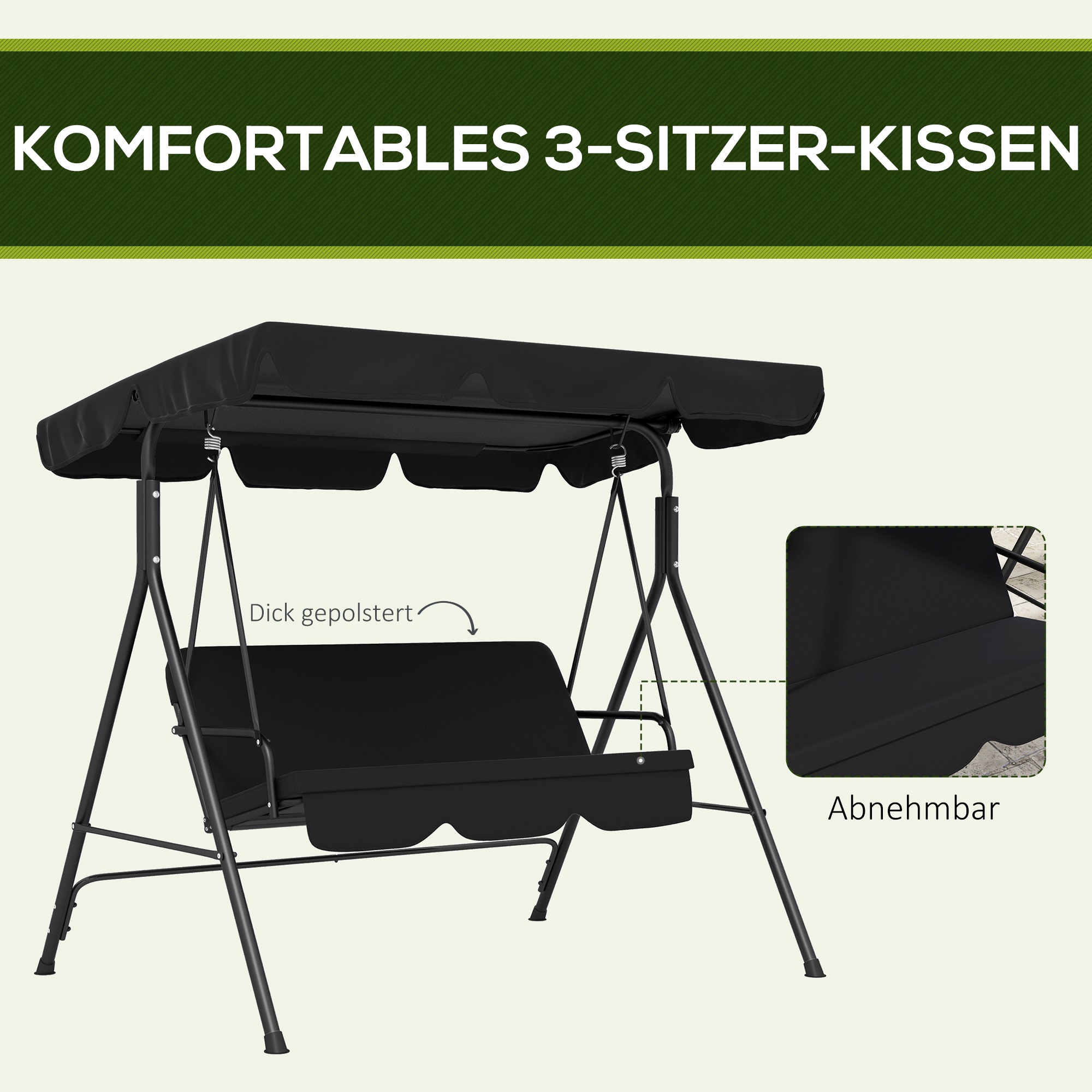 3-Sitzer Hollywoodschaukel Gartenliege Schaukelbank, wetterbeständig, 172 cm x 110 cm x 153 cm, Schwarz